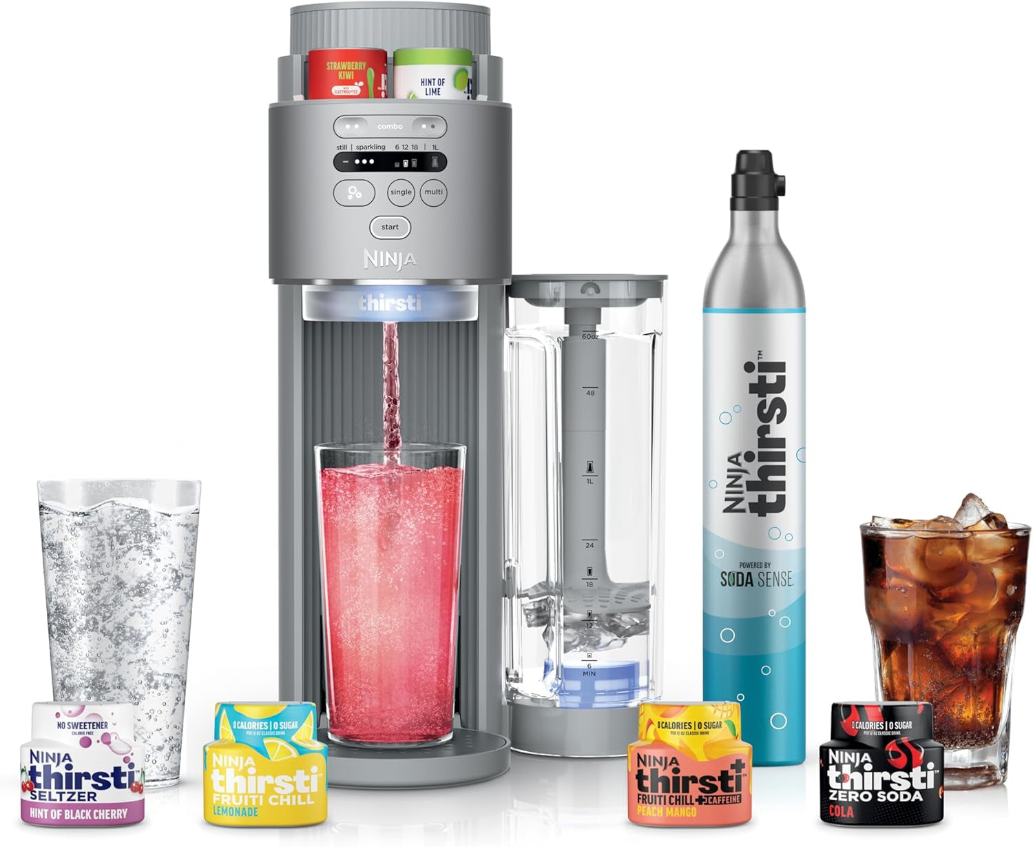 Ninja Thirsti Max Custom Hydration System, Soda Maker, Sparkling Water Maker, Custom Still & Sparkling Drinks, Compact Design, with 60L CO₂ Cylinder & Flavored Water Drops, Silver WC2002