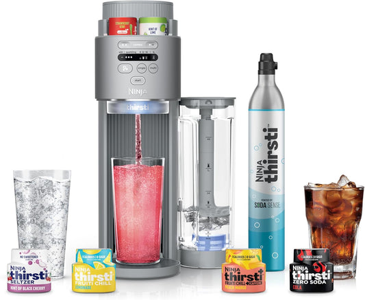 Ninja Thirsti Max Custom Hydration System, Soda Maker, Sparkling Water Maker, Custom Still & Sparkling Drinks, Compact Design, with 60L CO₂ Cylinder & Flavored Water Drops, Silver WC2002