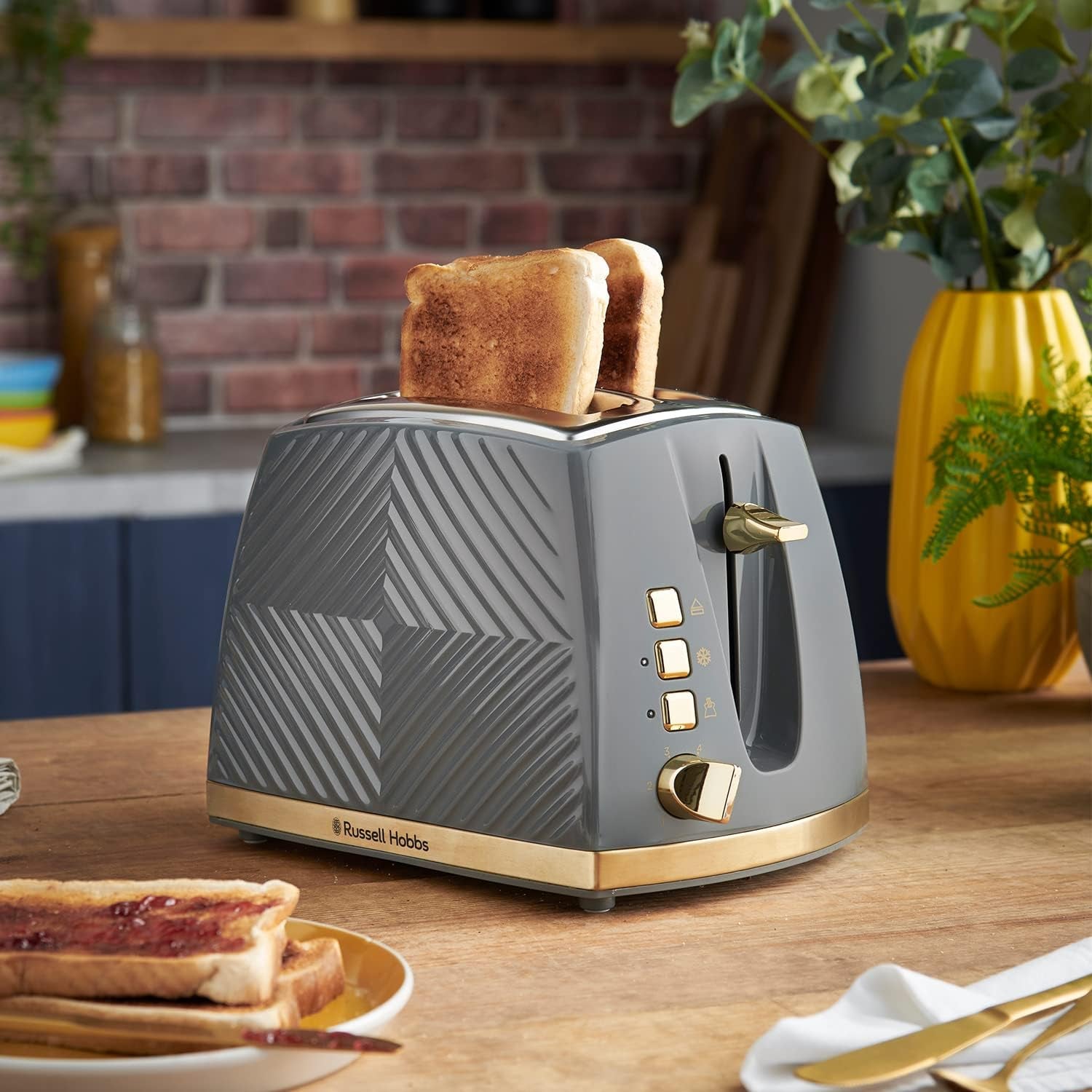 Groove 2 Slice Toaster (High Lift, Extra Wide Slots, 6 Browning Levels, Frozen/Cancel/Reheat Function - Illuminated Buttons, Removable Crumb Tray, 850W, Grey, Brushed Gold Accents) 26392