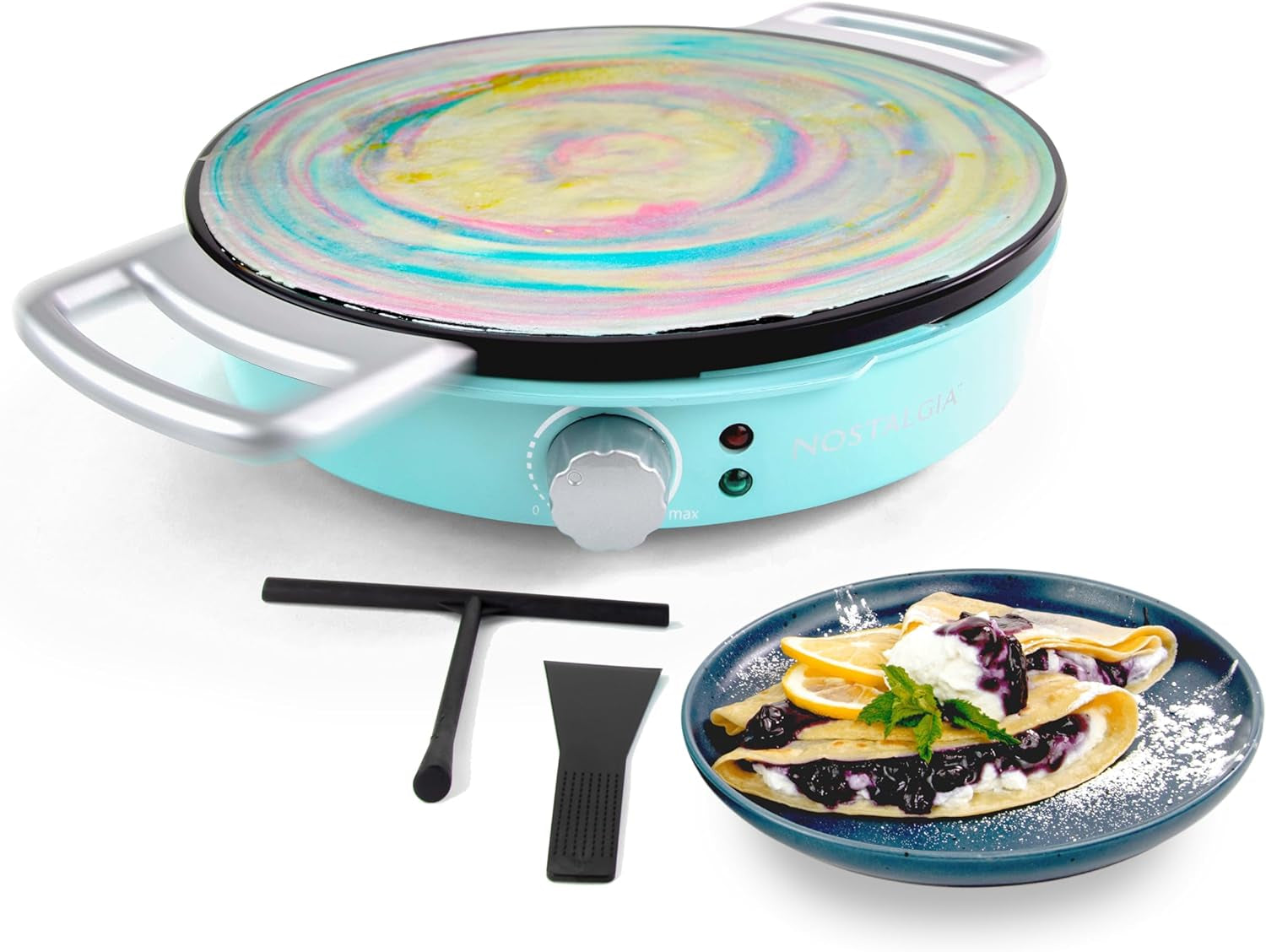 Nostalgia 12-Inch Spinning Crepe Maker for Pancake Breakfast Art with Non-Stick Cooking Griddle, Spatula and Batter Spreader Included