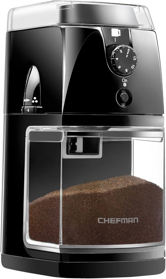 Chefman Coffee Grinder Electric Burr Mill - Freshly Grinds up to 2.8Oz Beans, Large Hopper with 17 Grinding Options for 2-12 Cups, Easy One Touch Operation, Cleaning Brush Included, Black