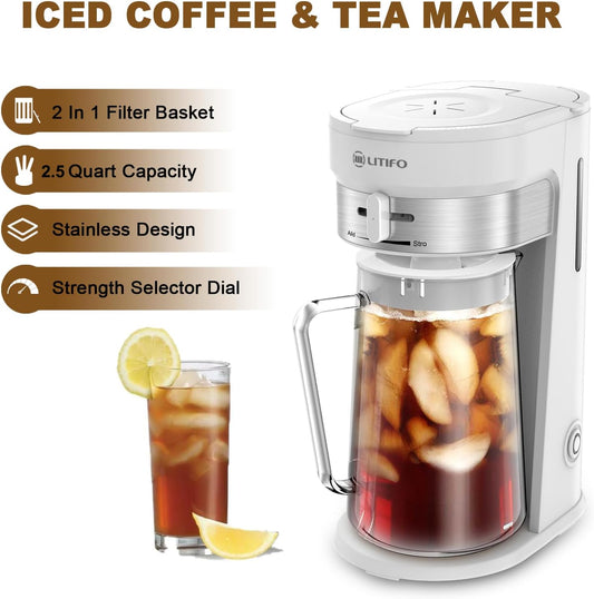 LITIFO Iced Tea Maker and Iced Coffee Maker Brewing System with 2.5-Quart Pitcher, Sliding Strength Selector for Taste Customization, Stainless Steel (White)