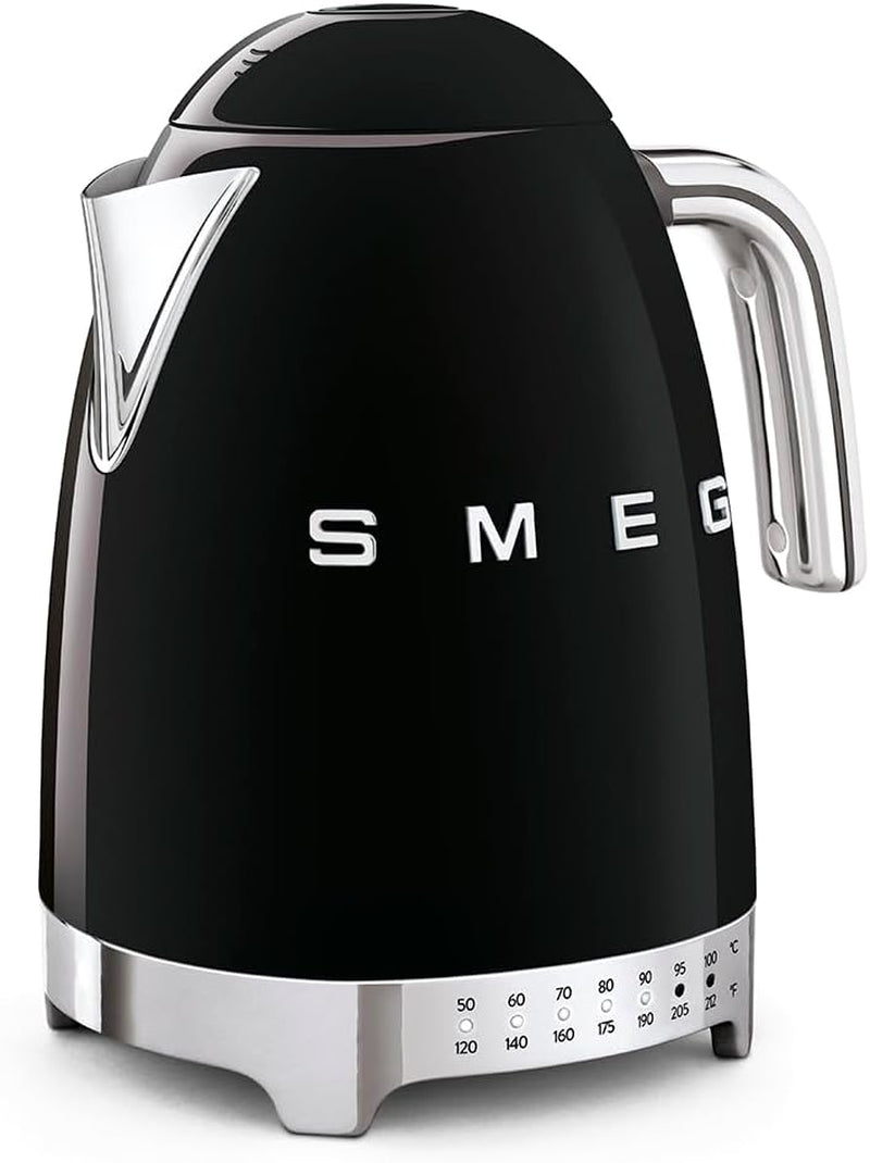 Smeg 50'S Retro 7 Cup Stainless Steel Variable Temperature Electric Kettle with 7 Temperature Settings, Led Display, Swivel Base and Keep Warm Function Black KLF04BLUS