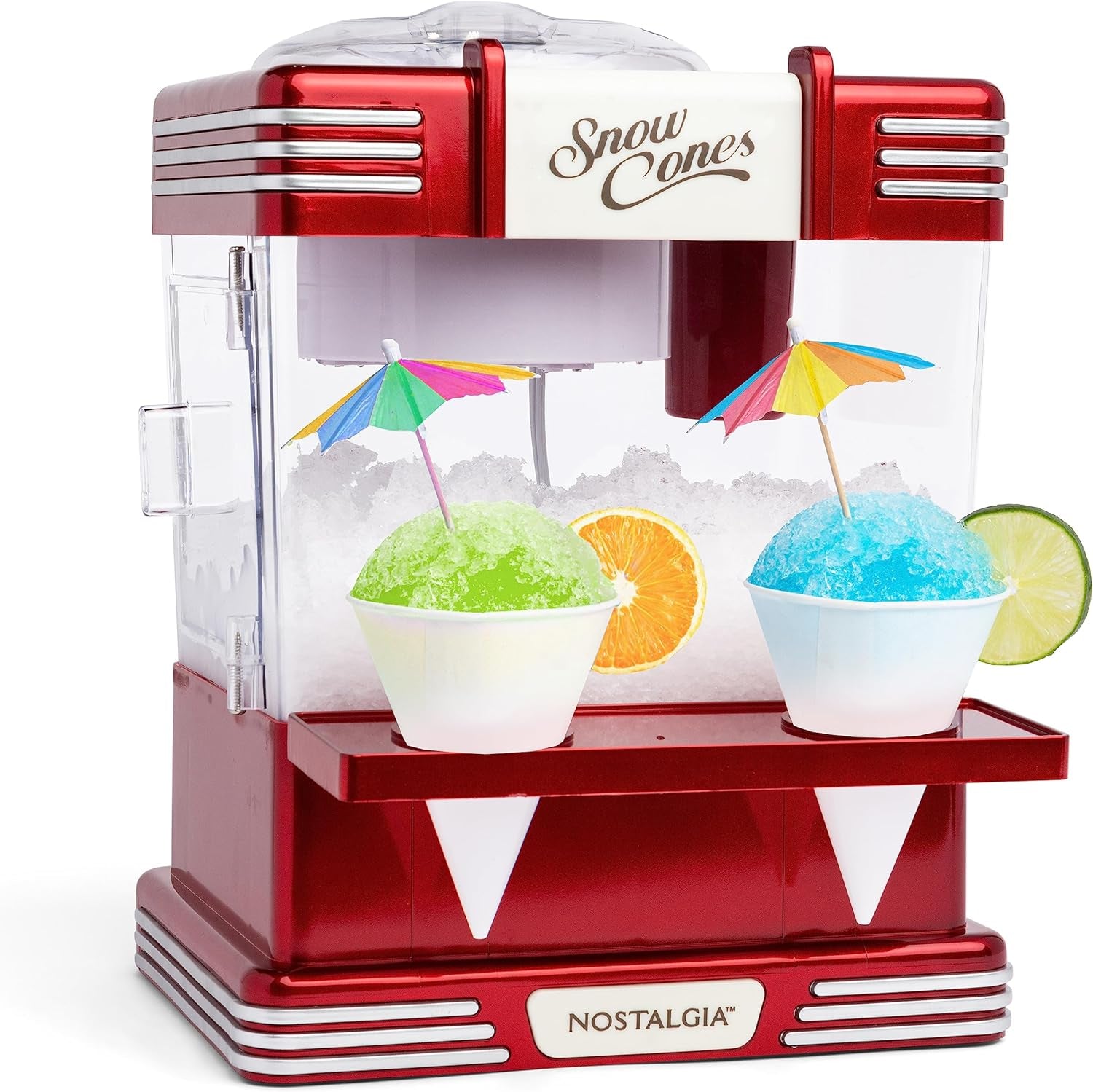 Nostalgia Snow Cone Shaved Ice Machine - Retro Table-Top Slushie Machine Makes 20 Icy Treats - Includes 2 Reusable Plastic Cups & Ice Scoop - Retro Red