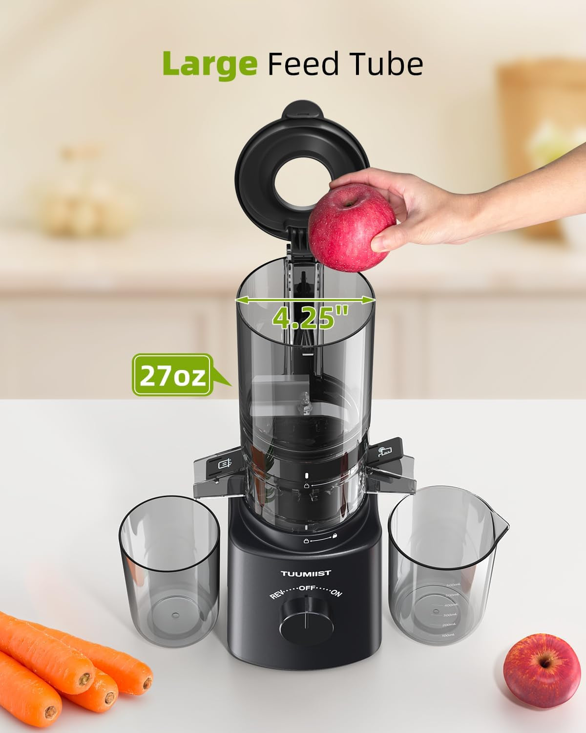 Juicer Machines, TUUMIIST Cold Press Juicer with 4.25'' Large Feed Chute Fit Whole Vegetable and Fruit, Masticating Juicer Easy to Clean, BPA Free (Black)