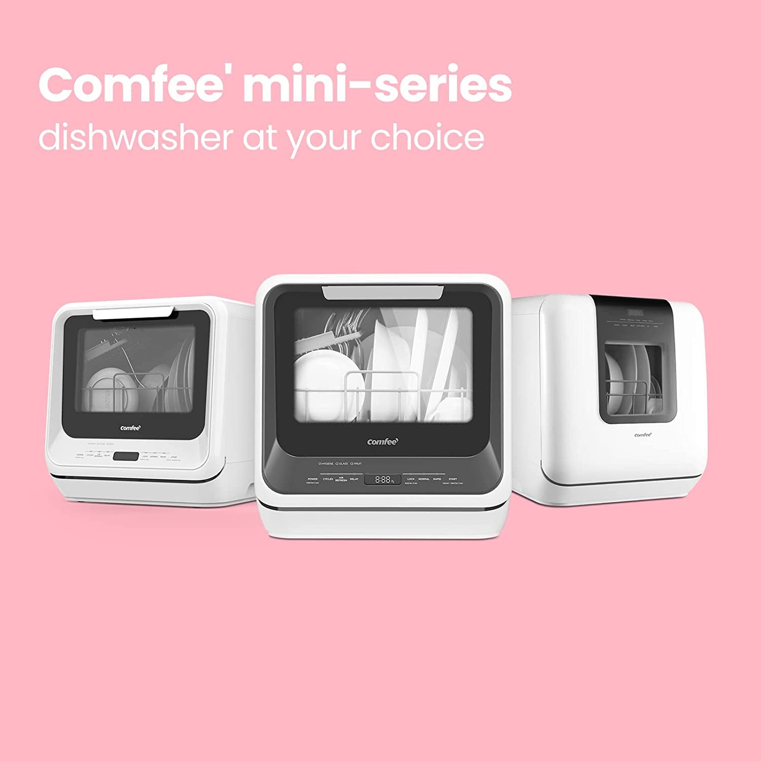 COMFEE' Portable Mini Dishwasher Countertop with 5L Built-In Water Tank for Apartments& Rvs, No Hookup Needed, 6 Programs, 360° Dual Spray, 162℉ High-Temp& Air-Dry Function