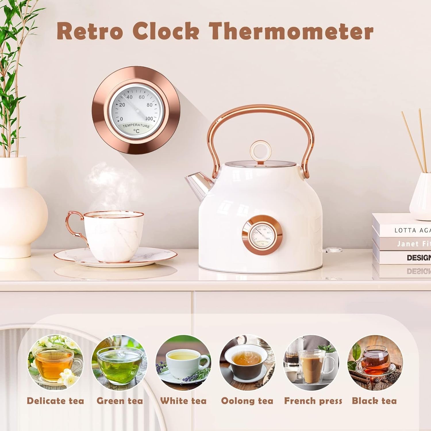 Retro Electric Kettle, 1.7L Stainless Steel Tea Kettle with Large Temperature Gauge, 1500W Fast Heating Hot Water Boiler with LED Indicator, Auto Shut-Off & Boil-Dry Protection-Elegant White