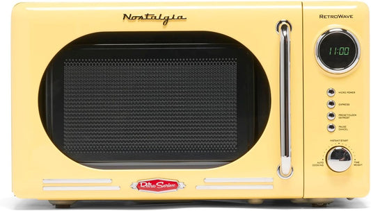 Nostalgia NRMO7YW6A Retro Compact Countertop Microwave Oven, 0.7 Cu. Ft. 700-Watts with LED Digital Display, Child Lock, Easy Clean Interior, Yellow