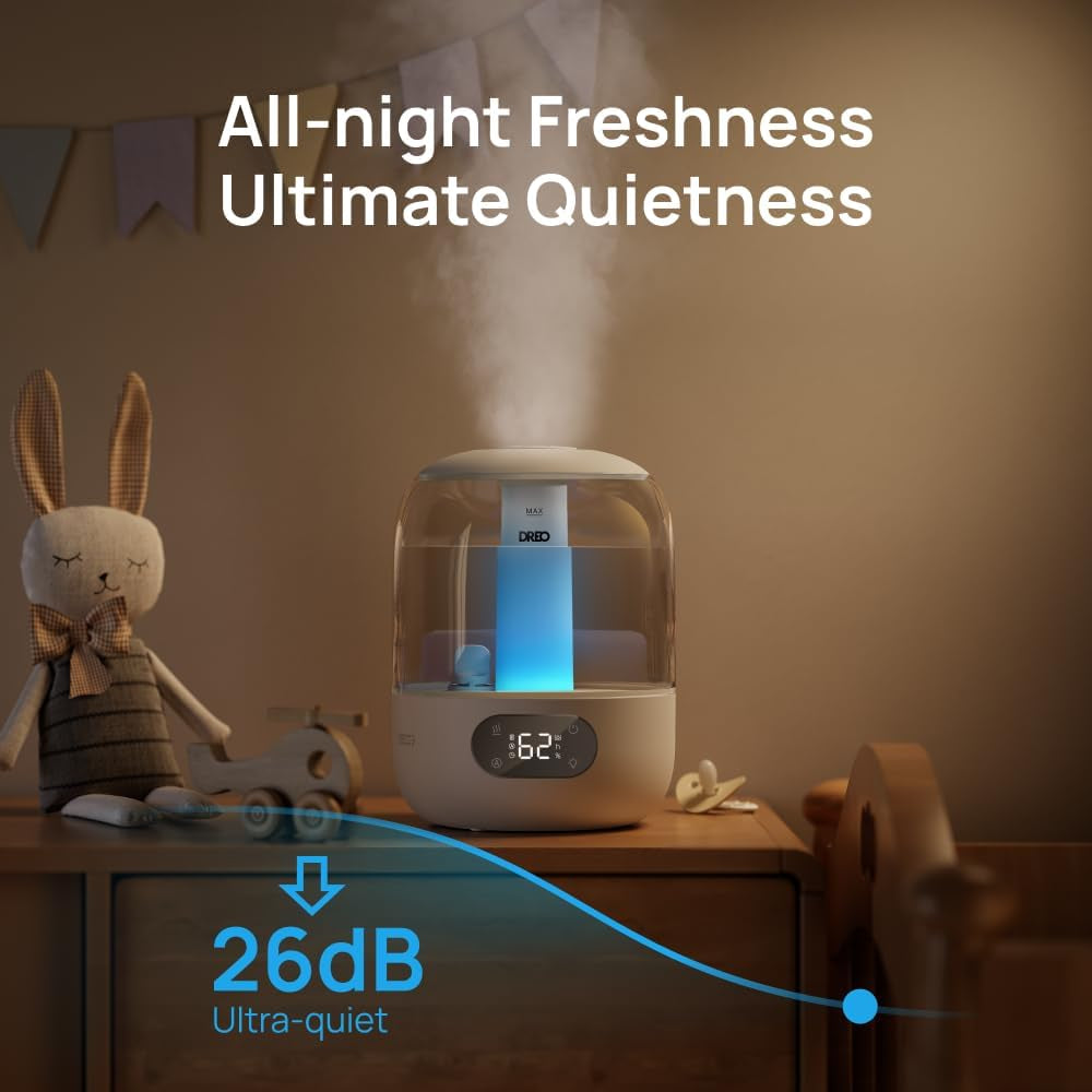 Dreo Humidifiers for Bedroom, Cool Mist Ultrasonic Humidifiers with Oil Diffuser, 30Hr Runtime, Top Fill 3L Tank, Humidity Sensor, Night Light for Baby, Nursery, 360° Nozzle for Plants and Home, White