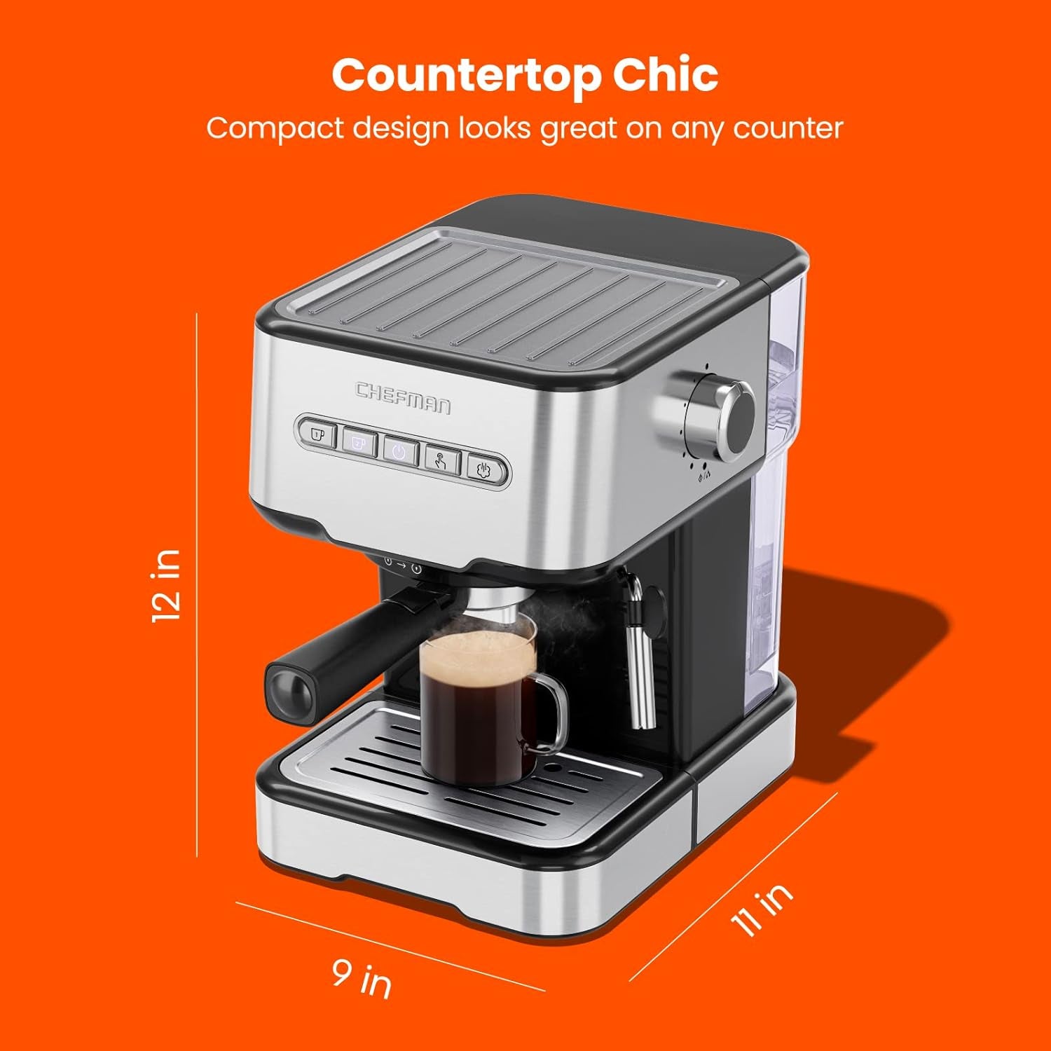 Chefman 6-In-1 Espresso Machine with Steamer, One-Touch Single or Double Shot Maker, Coffee Cappuccino Machine, Latte Built-In Milk Frother Stainless Steel