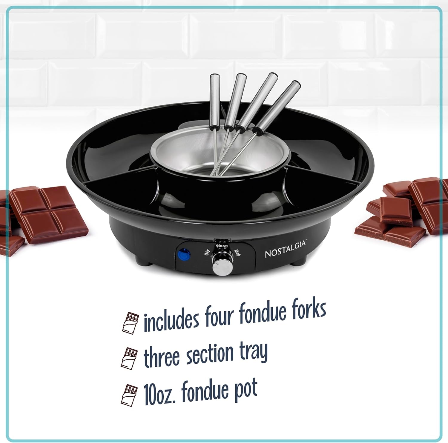 Nostalgia 10 Oz Electric Fondue Pot Set for Cheese & Chocolate - 4 Dipping Forks, 3-Section Food Tray - Kitchen Gadgets and Appliances for H'Ors Deouvres, Entrees, Desserts - Black