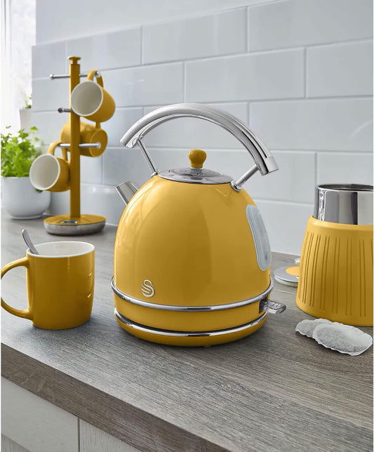 Swan Retro Electric Kettle 1.8 Litres Vintage Design Automatic Shut-Off Strix Controller Yellow Color