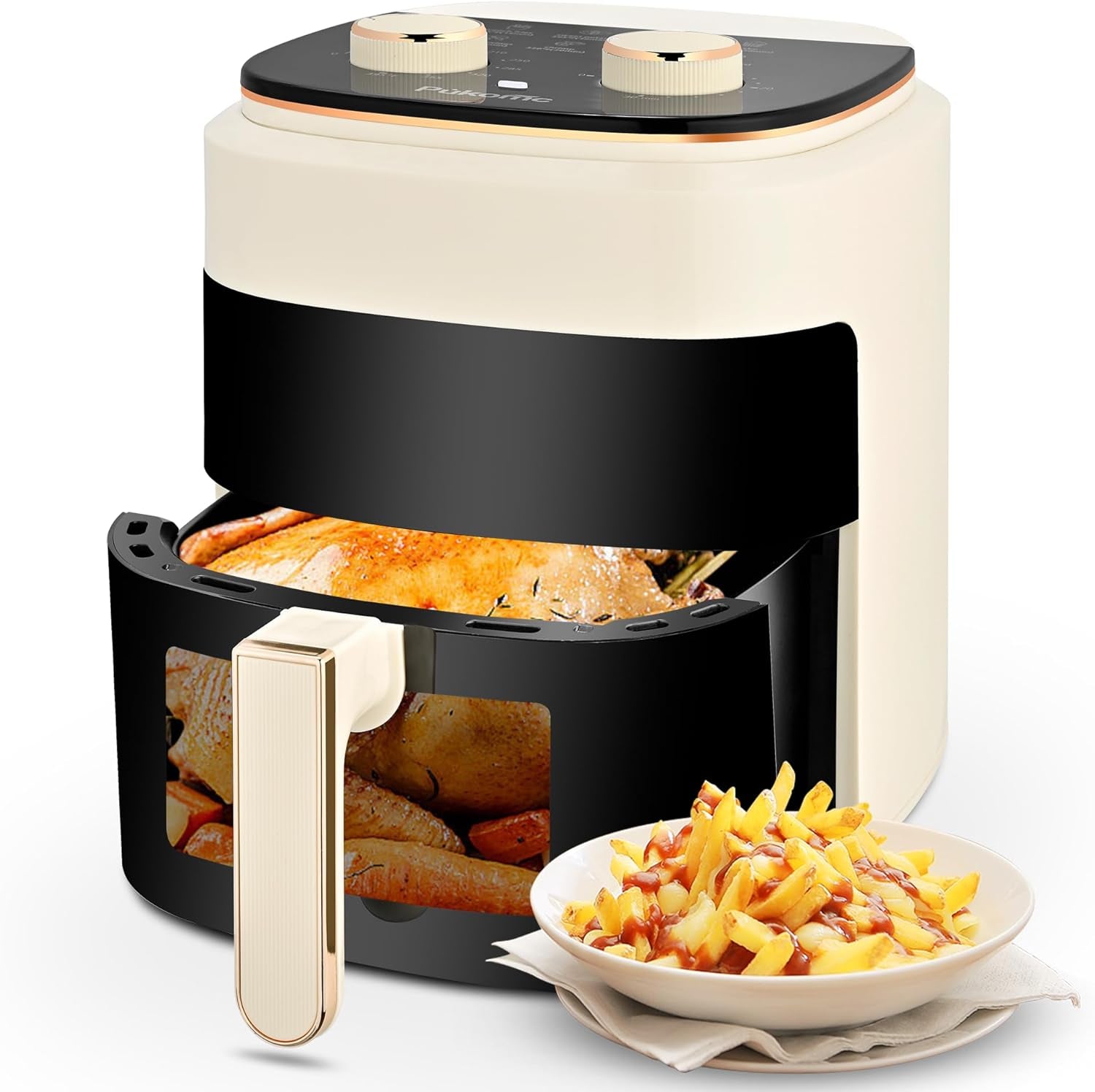 Pukomc Air Fryer,8-In-1 with 4QT Capacity,Air Fryer with Adjustable Temperature and Time,Non-Stick and Dishwasher-Safe Basket,Beige