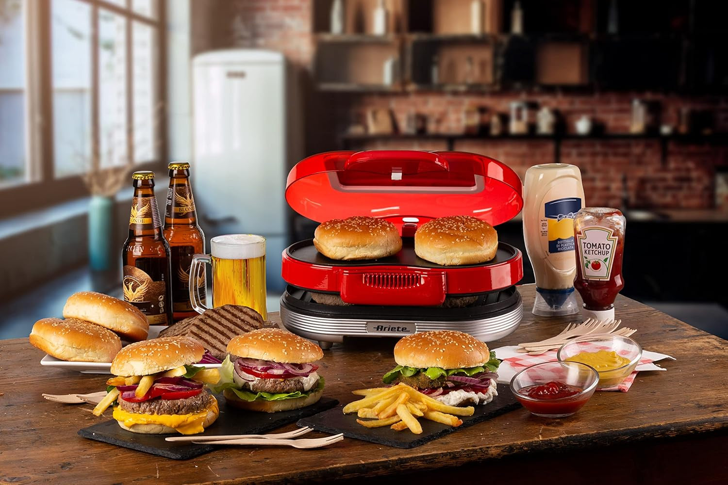 Ariete 205 Hamburger Maker Party Time, Macchina per Fare Hamburger, 1200 W, Doppie Piastre Antiaderenti, 2 Scomparti, Facile Da Pulire, Rosso