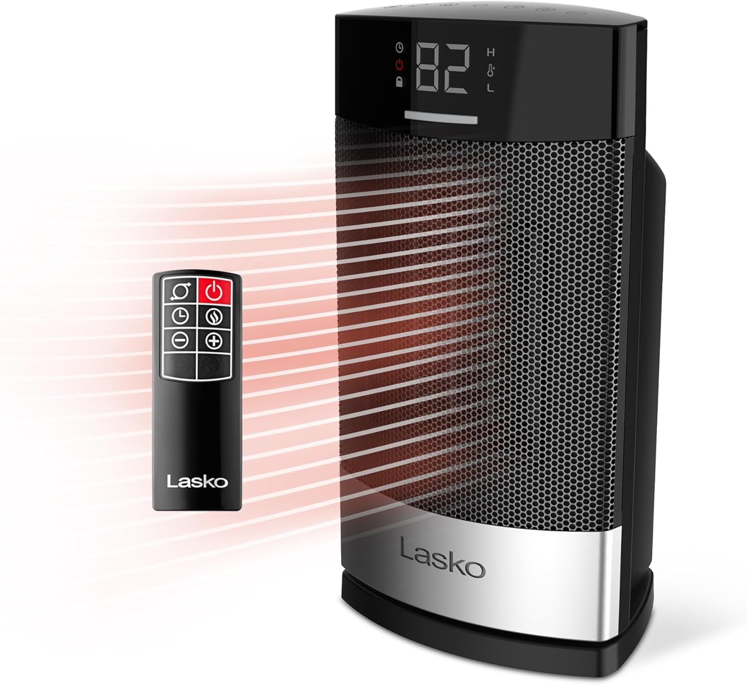 Lasko Ellipse Ceramic Tabletop Heater for Home with Tip-Over Switch, Child Lock, Digital Display, Thermostat, Autoeco Mode, Wide Oscillation, Remote, for Bedroom, Office, Den, 1500W, Black, CD12950