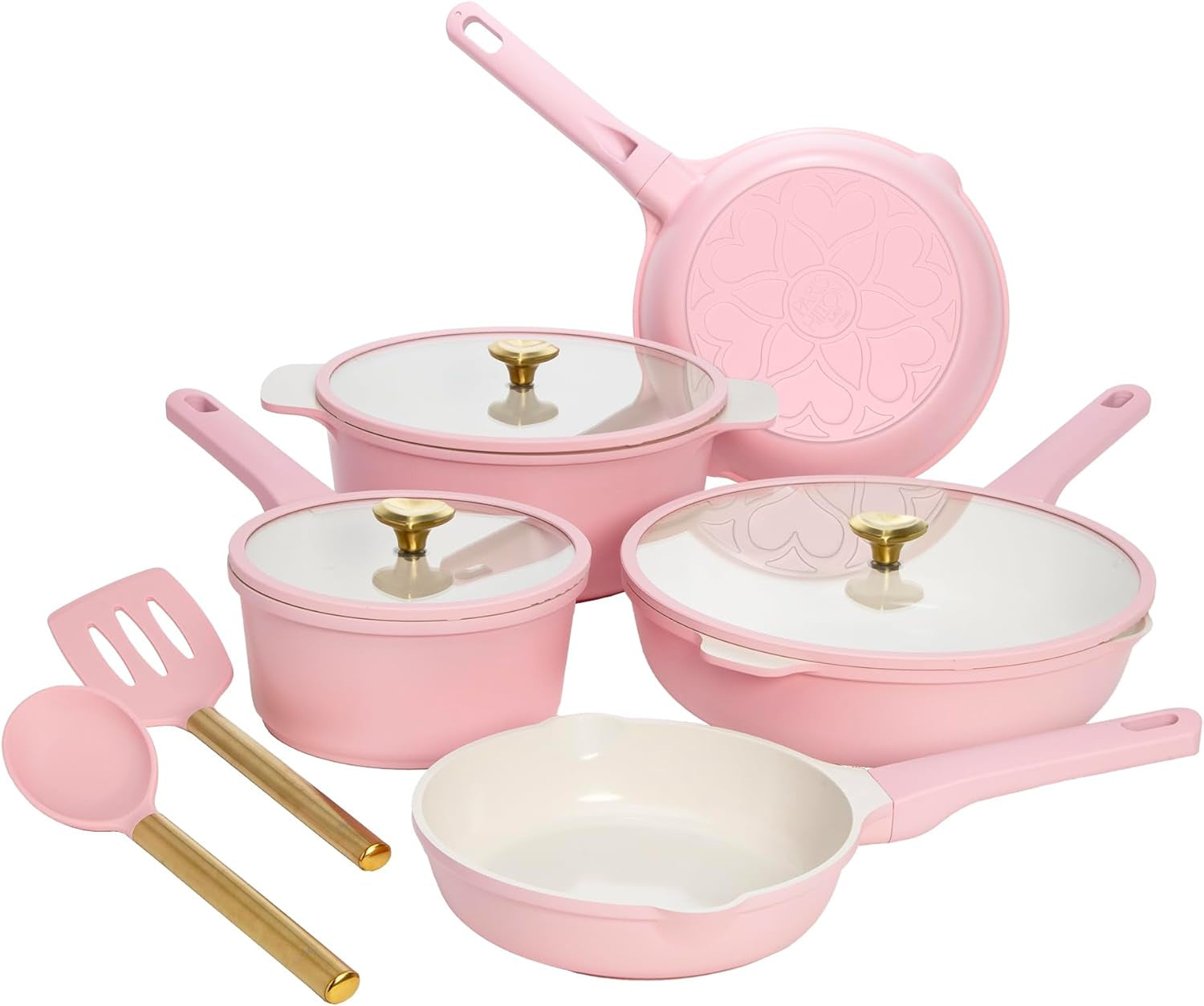 Paris Hilton Ceramic Nonstick Cookware Set, Cast Aluminum with Dual Layer Nonstick Coating, Gold Heart Knobs, Stay-Cool Handles, Made without PFAS, PFOA, PFOS & PTFE, Dishwasher Safe, 10-Piece, Pink