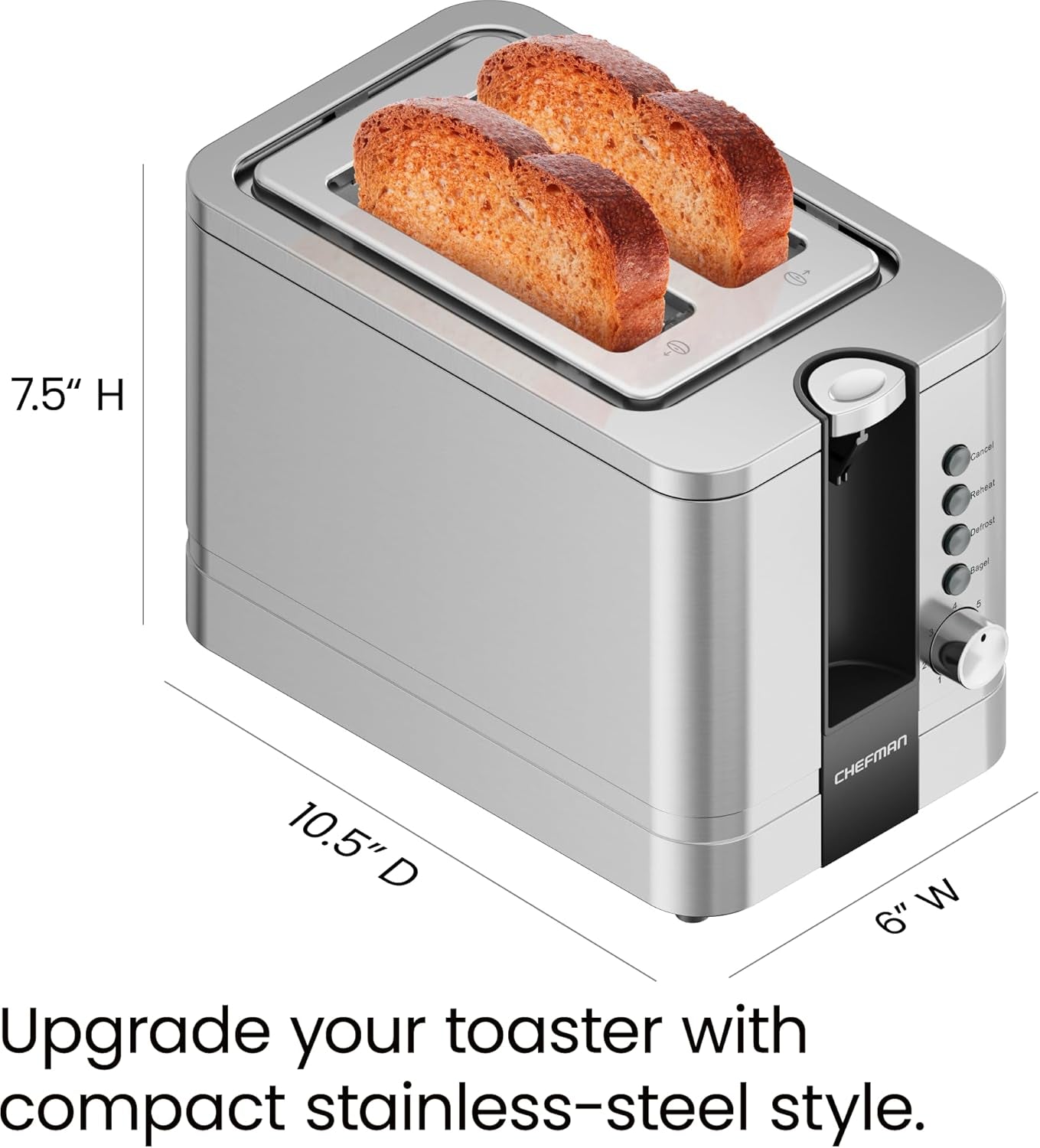 Chefman 2-Slice Pop-Up Stainless Steel Toaster W/ 7 Shade Settings, Extra Wide Slots for Toasting Bagels, Defrost/Reheat/Cancel Functions, Removable Crumb Tray, 850W, 120V, Silver