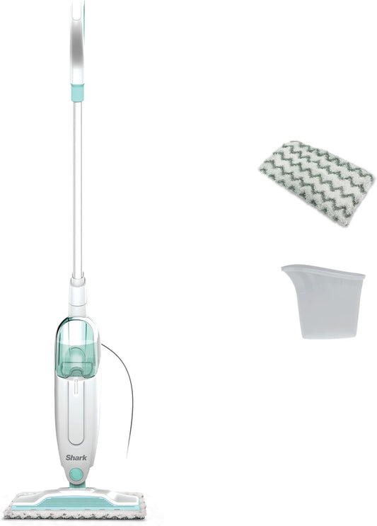 Shark Steam Mop with 2 Machine Washable Cleaning Pads & Fill Flask White & Green