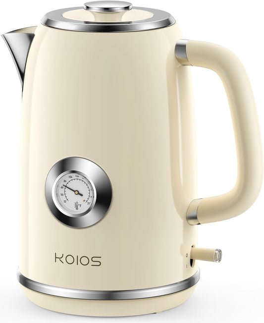 Electric Kettle, 1.8 L Hot Water Boiler Heater with Thermometer, 1500W Retro Electric Tea and Water Kettle with LED Indicator, 100% Stainless Steel, Auto Shut-Off & Boil-Dry Protection, Beige