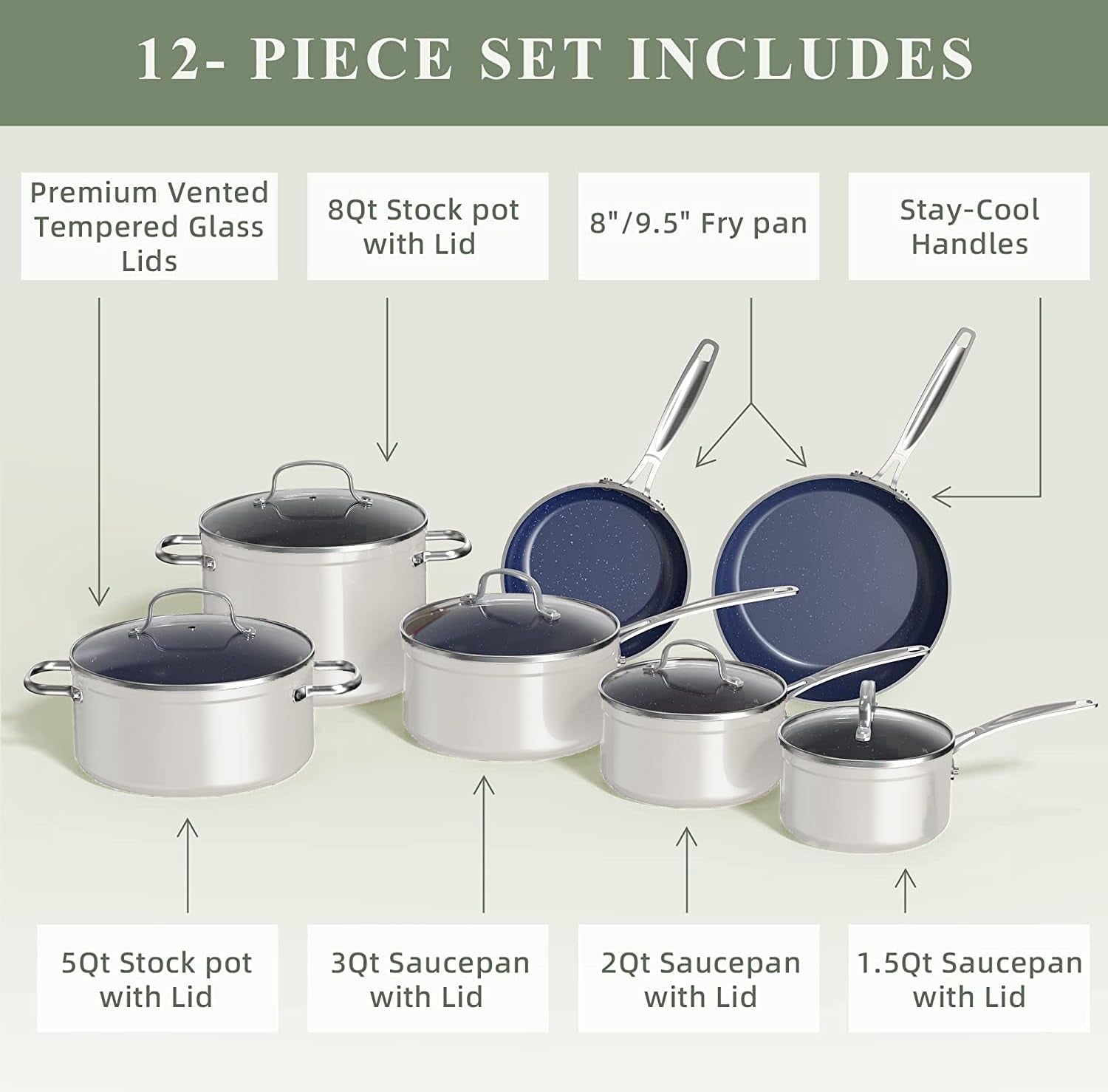 Nuwave Healthy Duralon Blue Ceramic Nonstick Cookware Set, Diamond Infused Scratch-Resistant, PFAS Free, Dishwasher & Oven Safe, Induction Ready & Evenly Heats, Tempered Glass Lids & Stay-Cool Handles