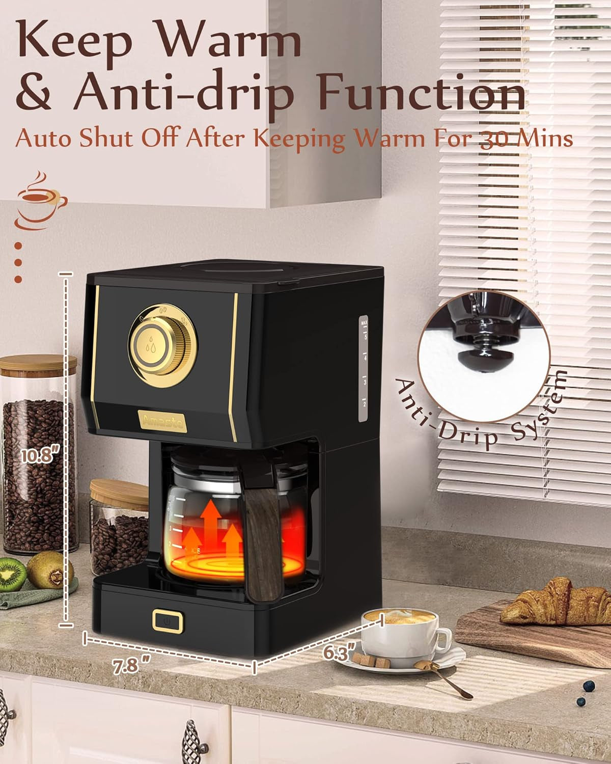 Amaste Coffee Maker, 25 Oz Drip Retro Style Coffee Machine with Glass Coffee Pot with Reusable Coffee Filter & Three Brewing Modes, 30Minute-Warm-Keeping, CM 1003Ae-Black