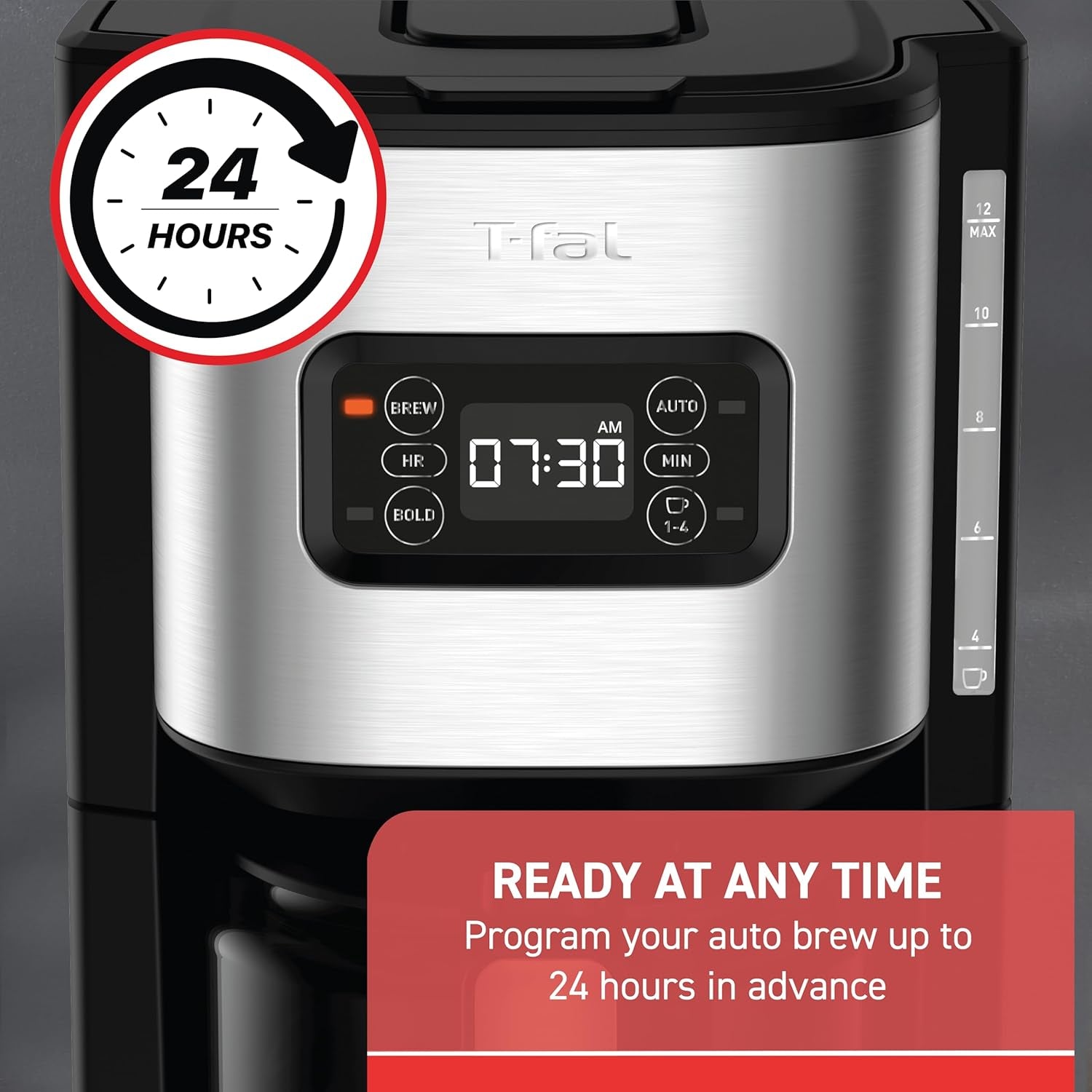 T-Fal Element Plastic and Stainless Steel Drip Coffee Machine 12 Cup Programmable, Reusable Filter, Pause and Brew, Glass Carafe 1000 Watts Coffer Maker, Filter Machine, Cold Brew, Black