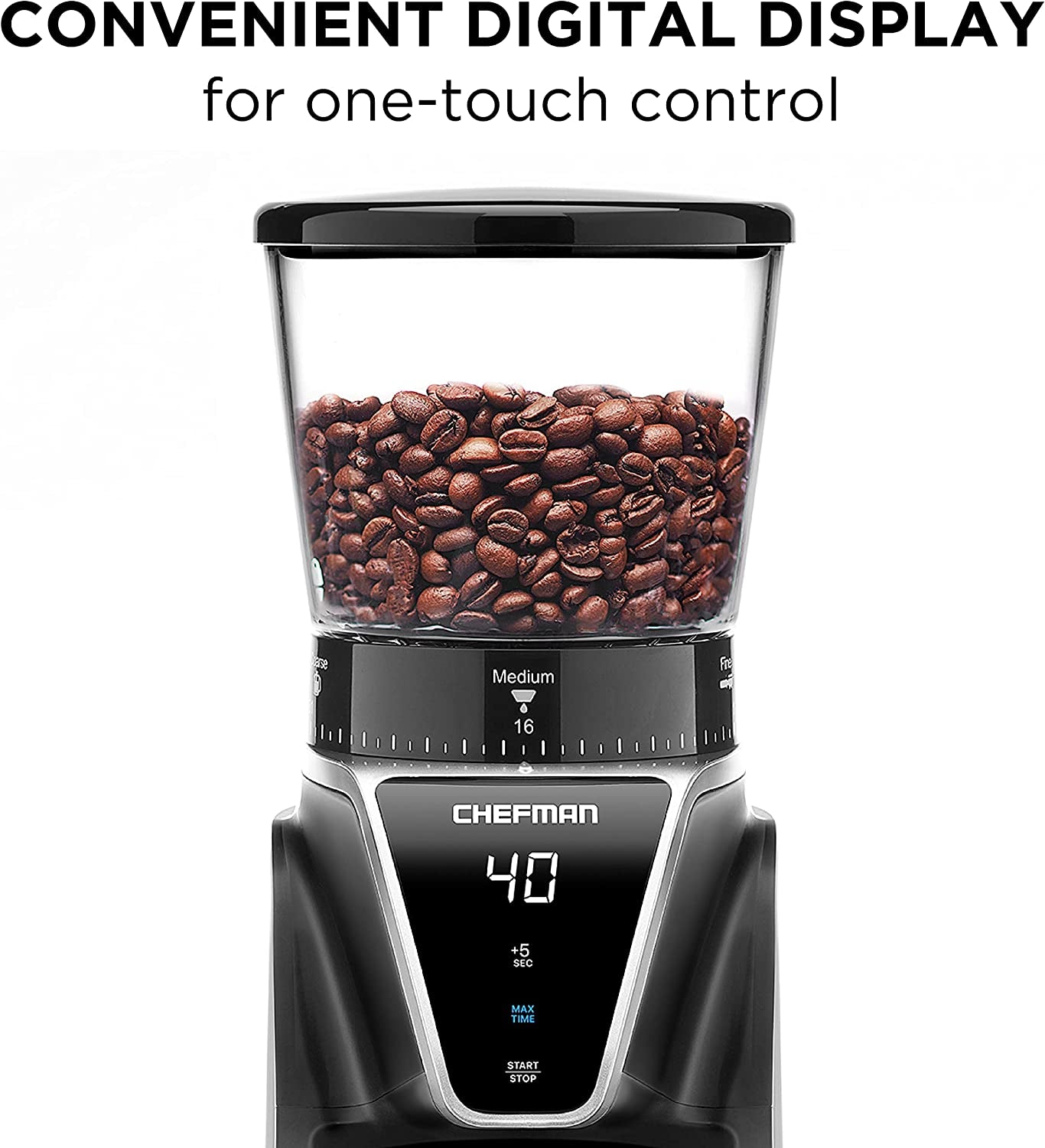 Chefman Conical Burr Coffee Grinder, Create the Boldest & Most Flavorful Grind with 31 Settings from Coarse to Extra Fine, One-Touch Digital Control & 9.7-Oz Bean Capacity, Black