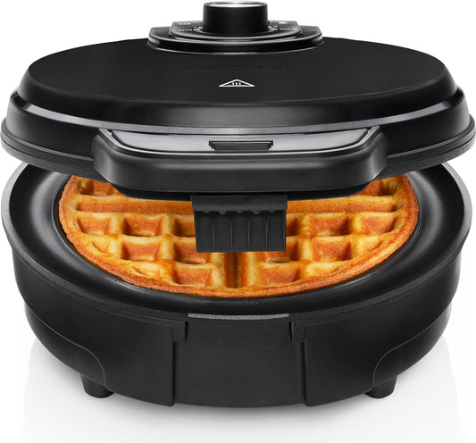 Chefman Anti-Overflow Belgian Waffle Maker W/Shade Selector, Temperature Control, Mess Free Moat, round Iron W/Nonstick Plates & Cool Touch Handle, Measuring Cup Included, Black