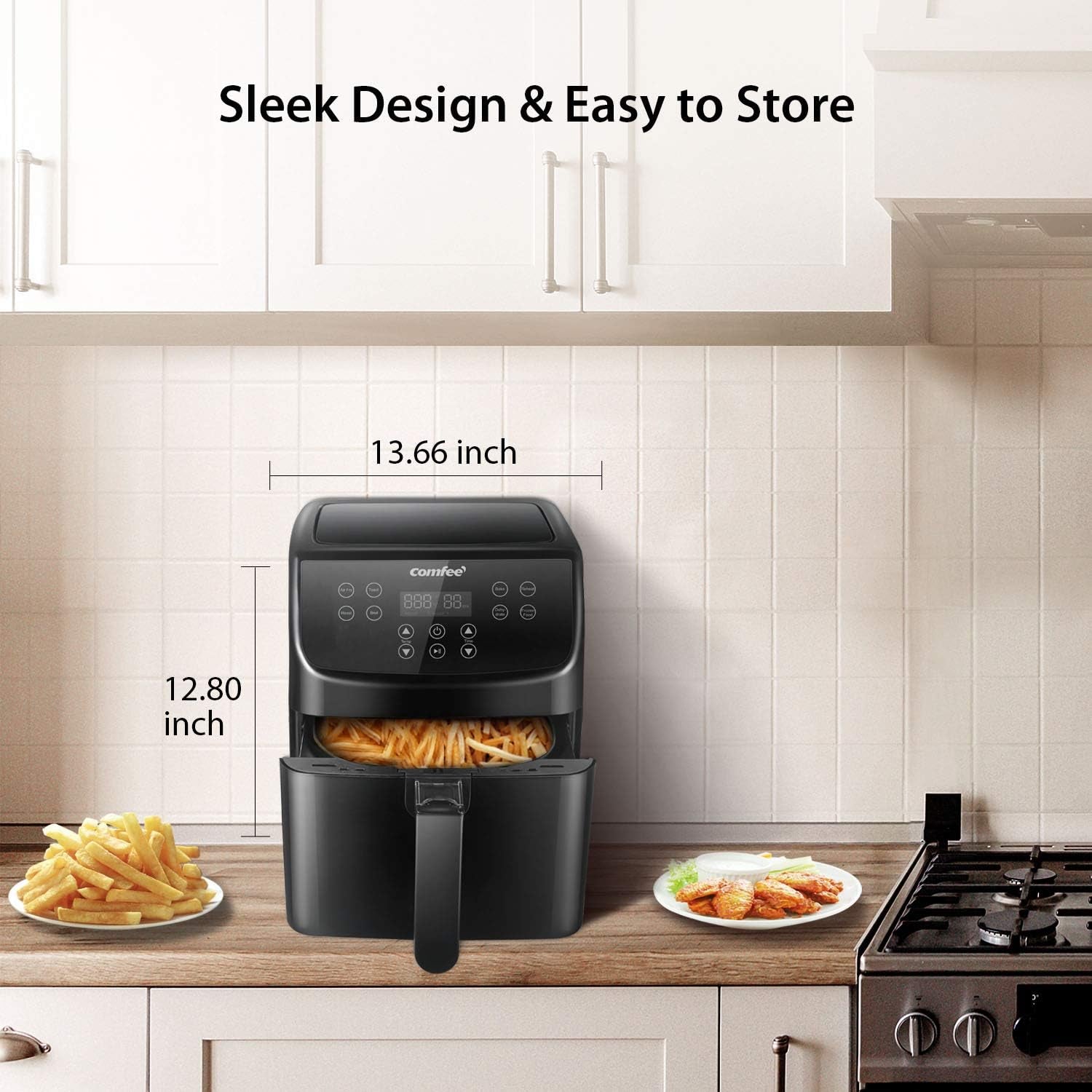 COMFEE' 5.8Qt Digital Air Fryer, Toaster Oven & Oilless Cooker, 1700W with 8 Preset Functions, LED Touchscreen, Shake Reminder, Non-Stick Detachable Basket, BPA & PFOA Free (110 Electronic Recipes)