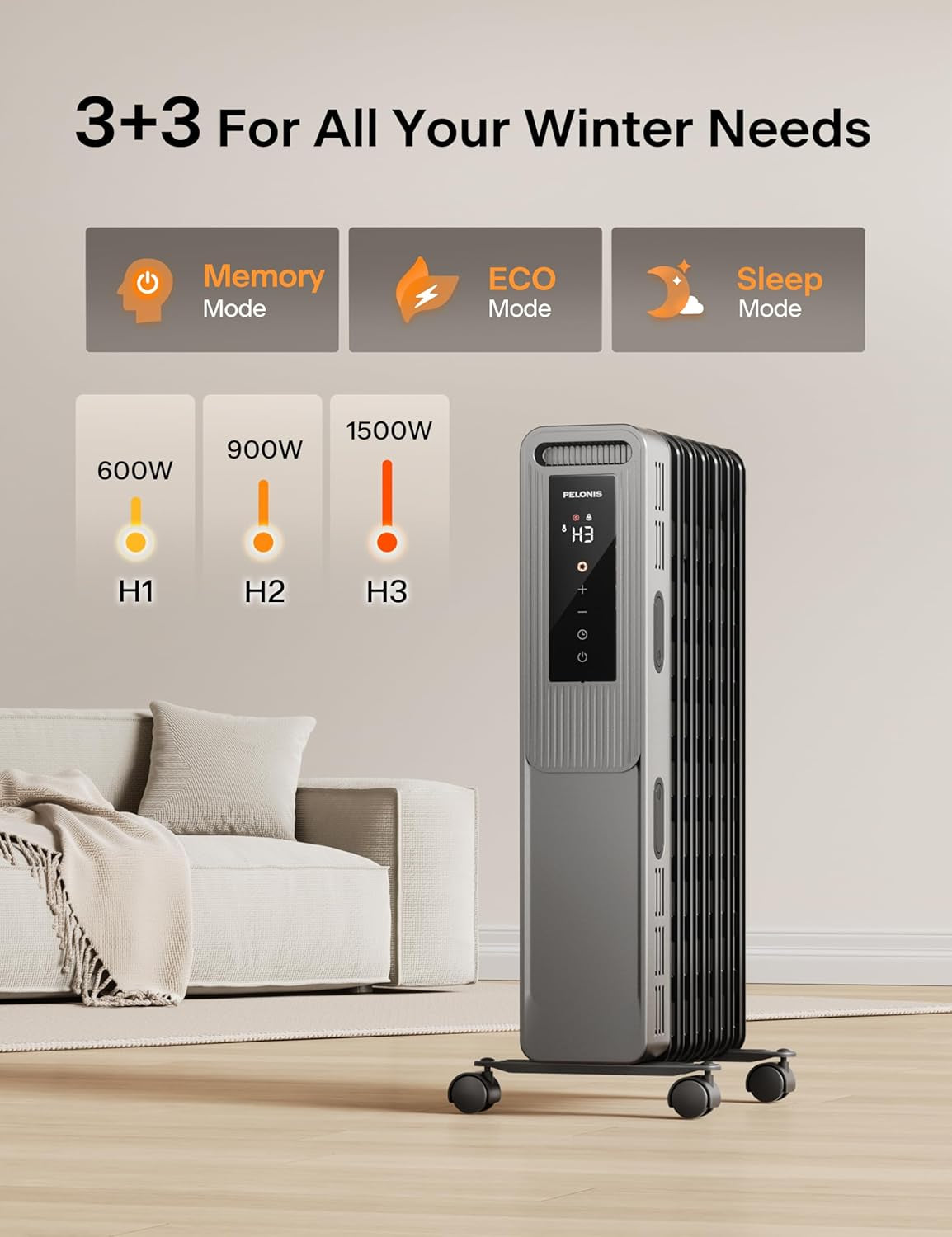 PELONIS Oil Filled Radiator, Electric Space Heater for Indoor Use Large Room with Thermostat & Remote, 3 Modes & 3 Heat Settings, ECO Mode, 24H Timer, Quiet, Overheat & Tip-Over Protection, 1500W