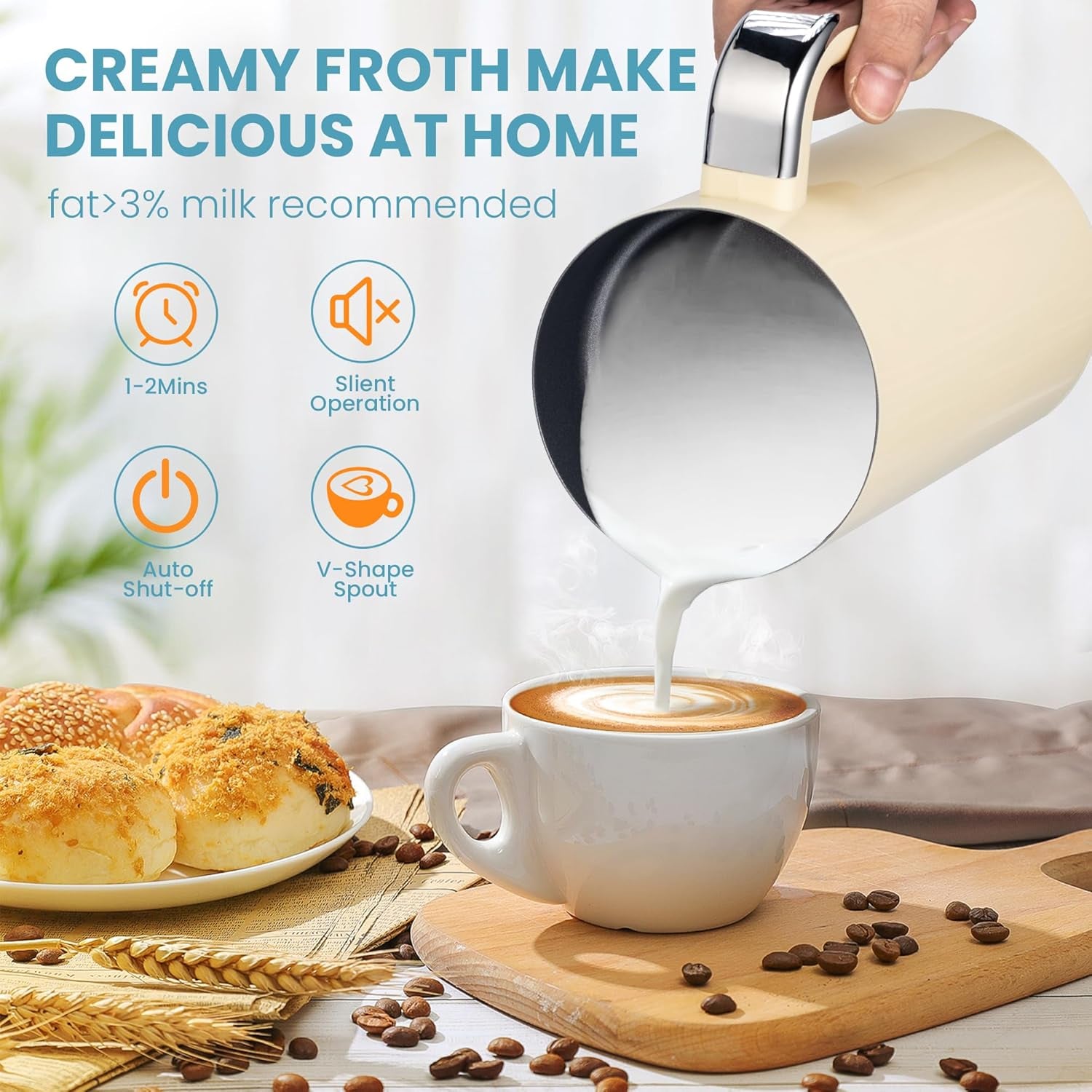 SUSTEAS Milk Frother and Steamer, Electric 4 in 1 Warm and Cold Foam Maker, Automatic Shut-Off Frother with Two Whisks for Latte, Cappuccino, Hot Chocolate, 500W, Beige, 8Oz/240Ml