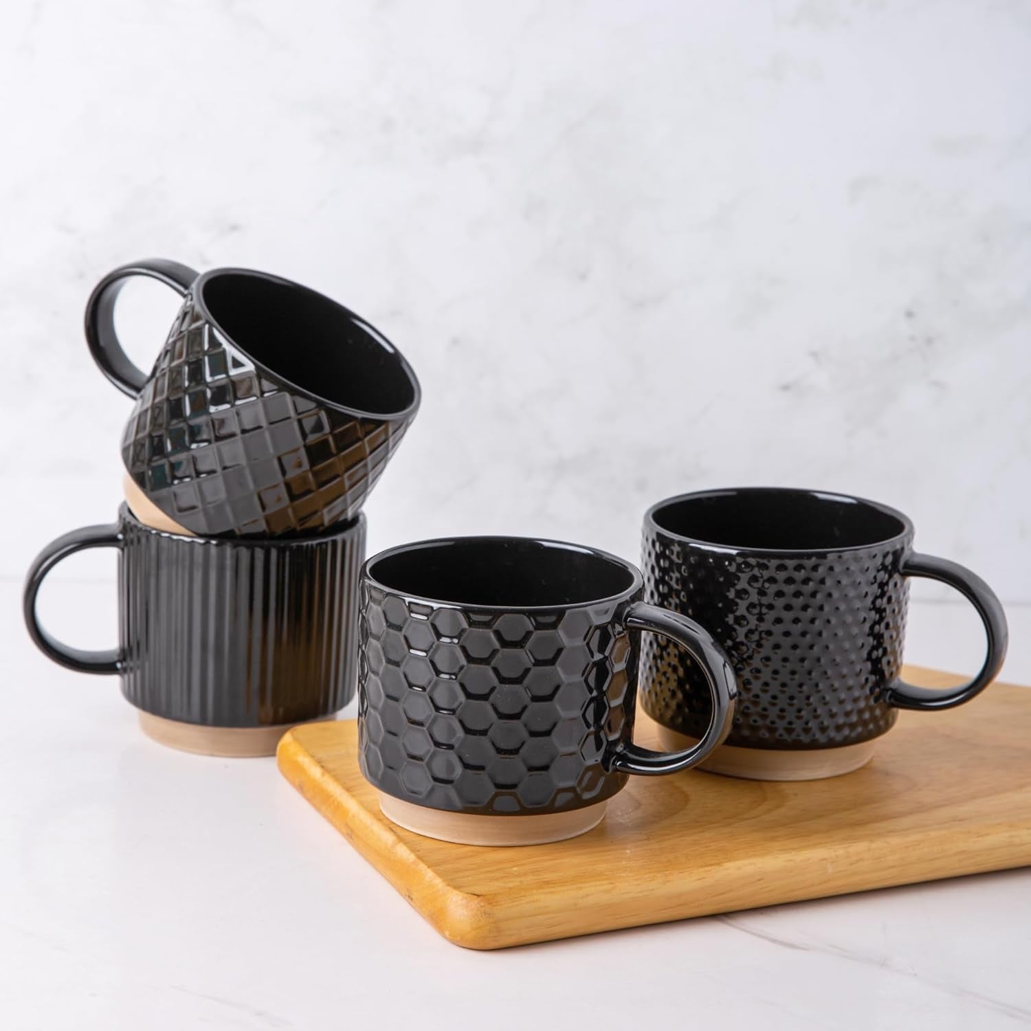 12OZ Stackable Coffee Mugs, Ceramic Coffee Mugs with Texture Patterns for Man,Woman,Dad,Mom, Modern Coffee Mugs Set of 4 for Latte/Cappuccino/Cocoa. Dishwasher&Microwave Safe, Black