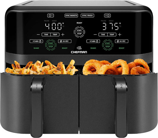 Chefman 6 Quart Dual Basket Air Fryer - Digital Touchscreen, Smart Sync Finish, Hi-Fry, Auto Shutoff, 2 Independent 3QT Nonstick Dishwasher-Safe Frying Baskets - Digital Double Air Fryer - Black