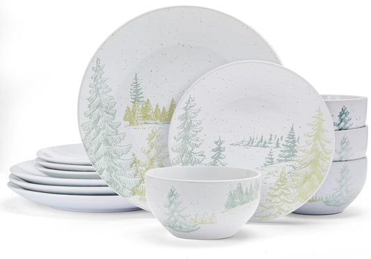 Pfaltzgraff Tranquil Trails Forest 12 Piece Dinnerware Plate Bowl Set, Service for 4