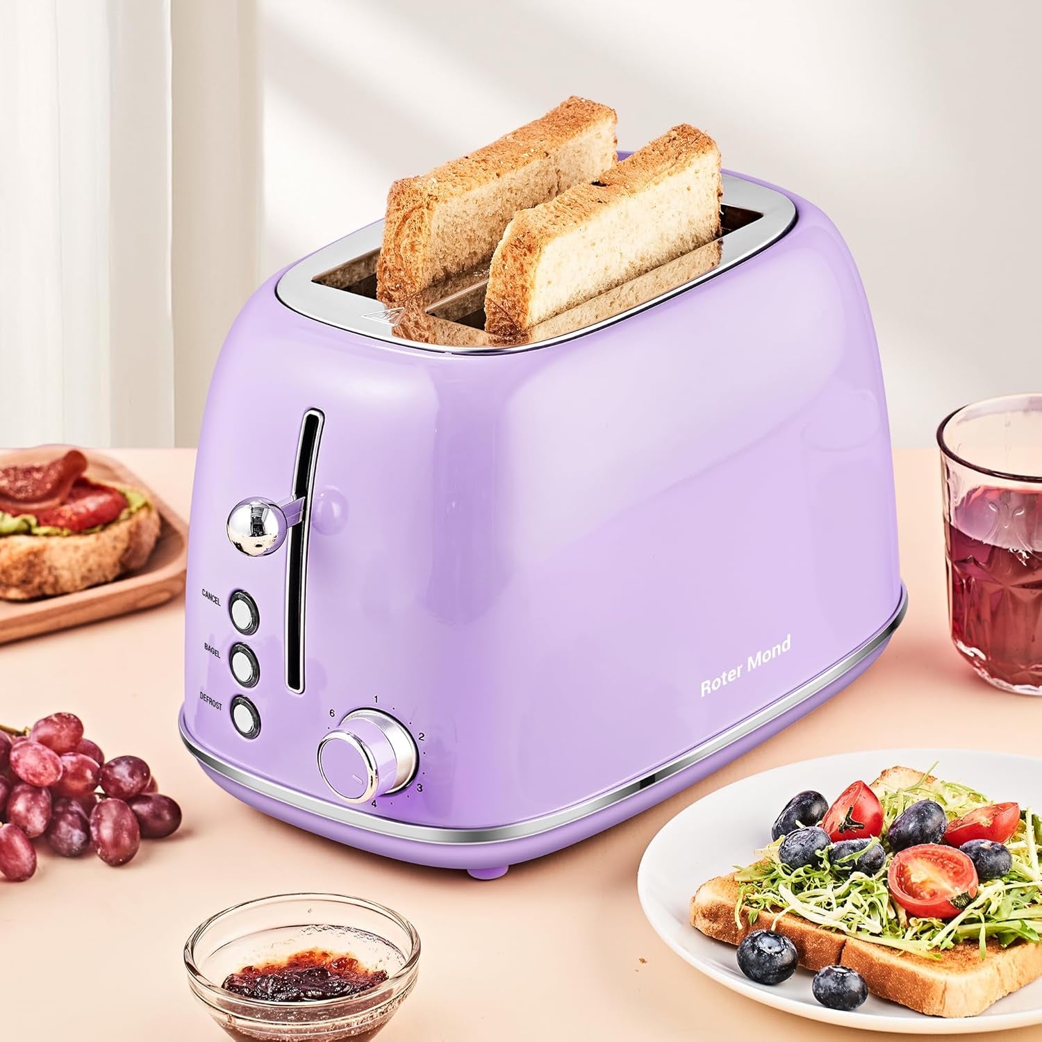 Roter Mond Retro Stainless Steel 2 Slice Toaster 6 Bread Shade Settings Purple