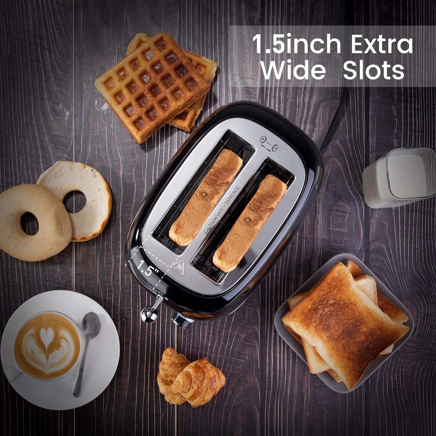 2 Slice Toaster Roter Mond Retro Stainless Steel Toaster with Bagel, Cancel, Defrost Function and 6 Bread Shade Settings Bread Toaster, Extra Wide Slot and Removable Crumb Tray, Black