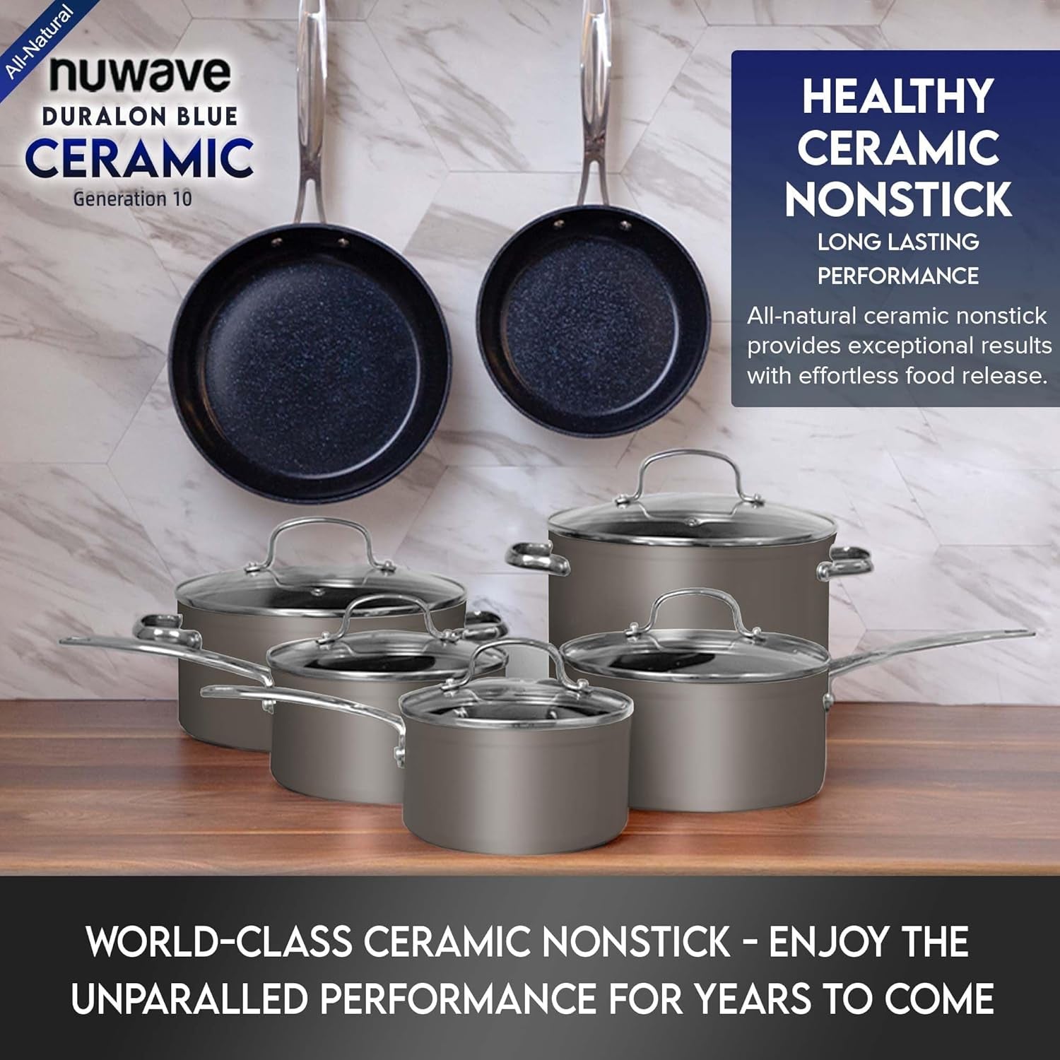 Nuwave Healthy Duralon Blue Ceramic Nonstick Cookware Set, Diamond Infused Scratch-Resistant, PFAS Free, Dishwasher & Oven Safe, Induction Ready & Evenly Heats, Tempered Glass Lids & Stay-Cool Handles