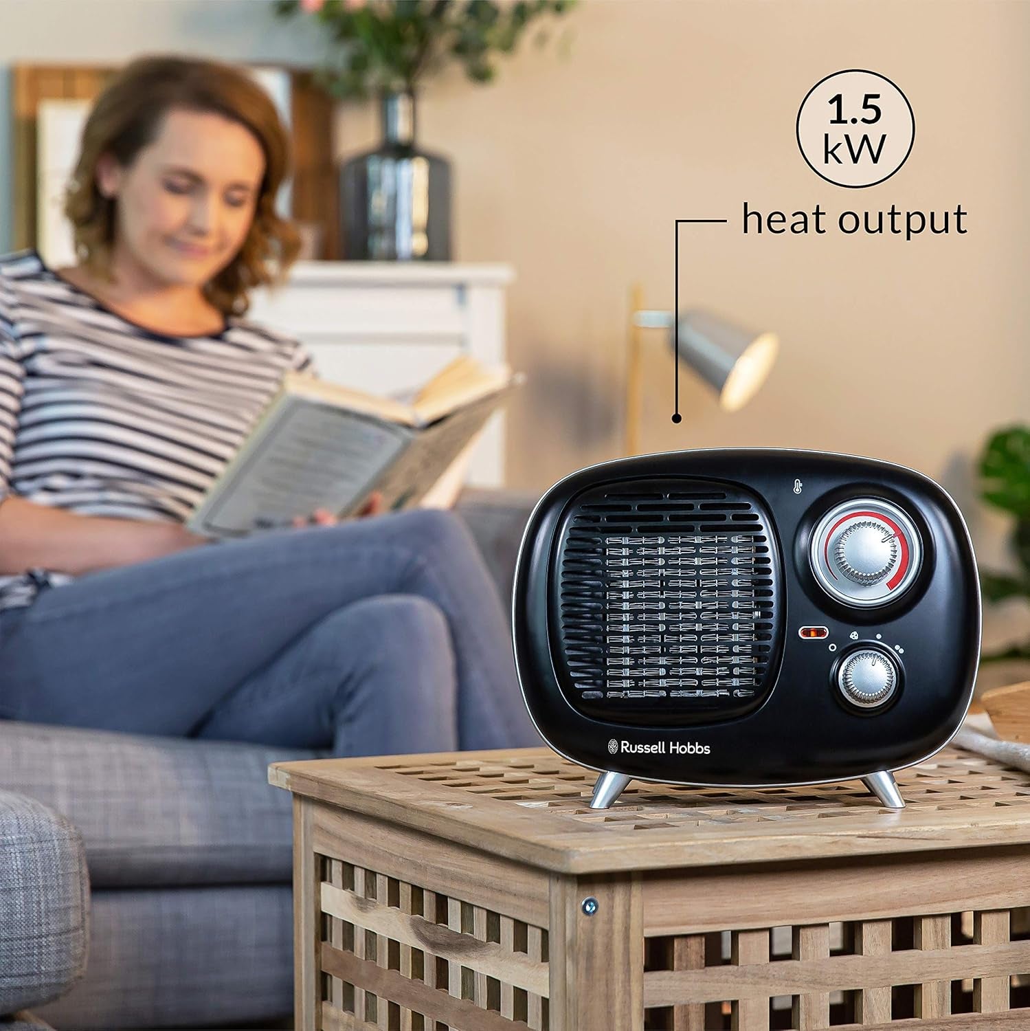 Russell Hobbs Retro Portable Ceramic Electric Heater 2 Heat Settings 1500W Black