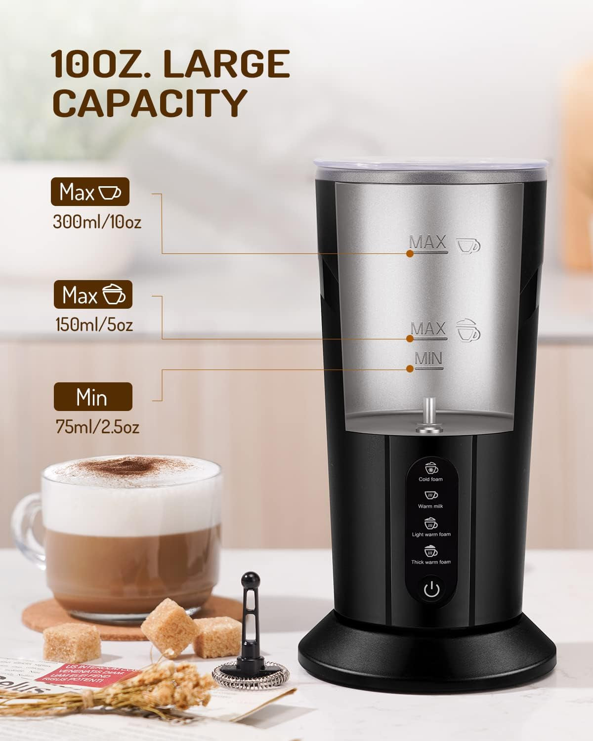 4-In-1 Milk Frother and Steamer, Electric Milk Steamer with Keep Warm Function, Automatic Warm and Cold Foam Maker for Coffee, Latte, Hot Chocolate, Cappuccinos, Macchiato, Black