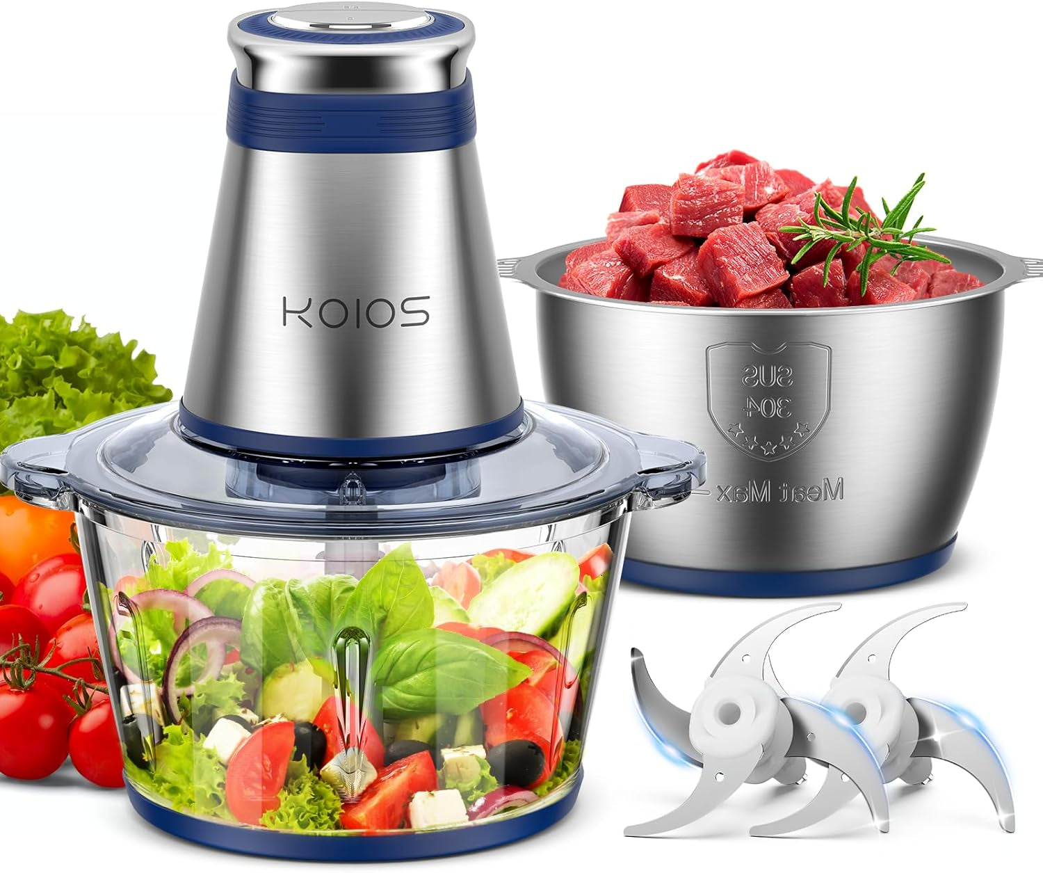 KOIOS Food Processor, 500W Electric Food Chopper with 2 Bowls (8 Cup+8 Cup) & 2 Bi-Level Blades&, Small Electric Grinder Meat Processor for Nuts, Meat, Onion, Garlic, Baby Food, Blue