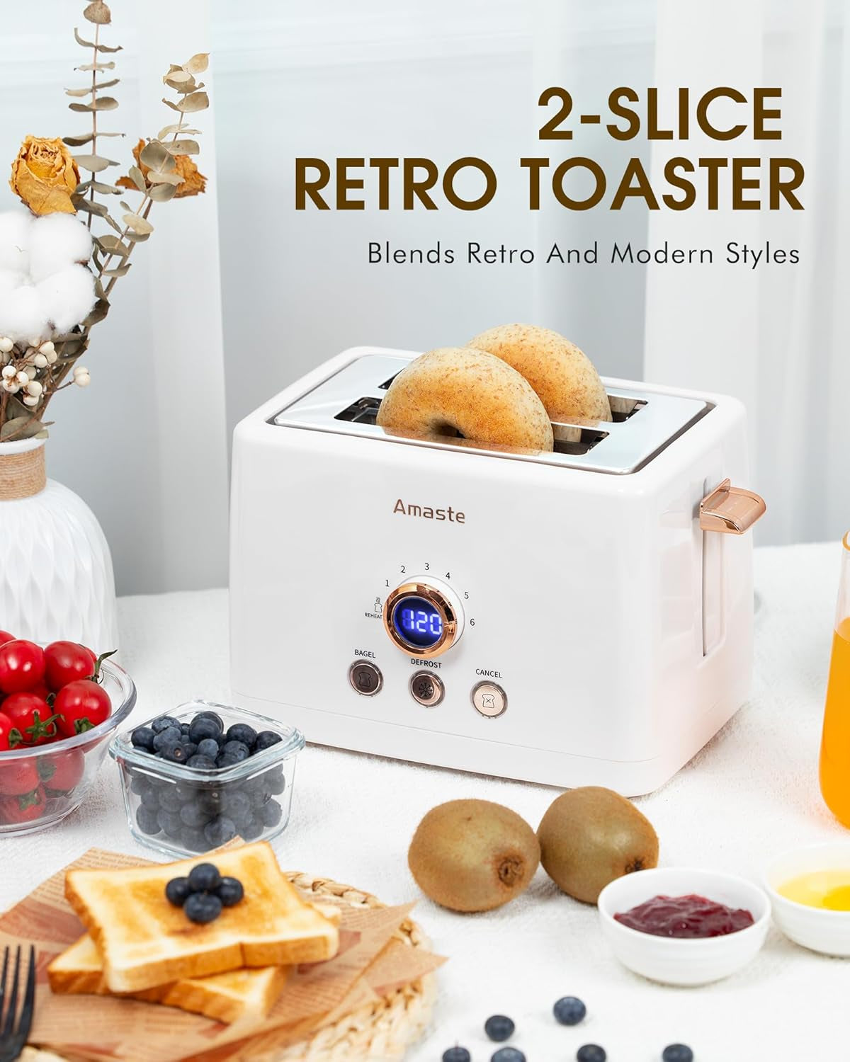 2 Slice Toaster, Retro Bread Toaster with LED Digital Countdown Timer, Extra Wide Slots Toasters with 6 Shade Settings, Bagel, Cancel, Defrost Function, High Lift Lever, Removal Crumb Tray, White