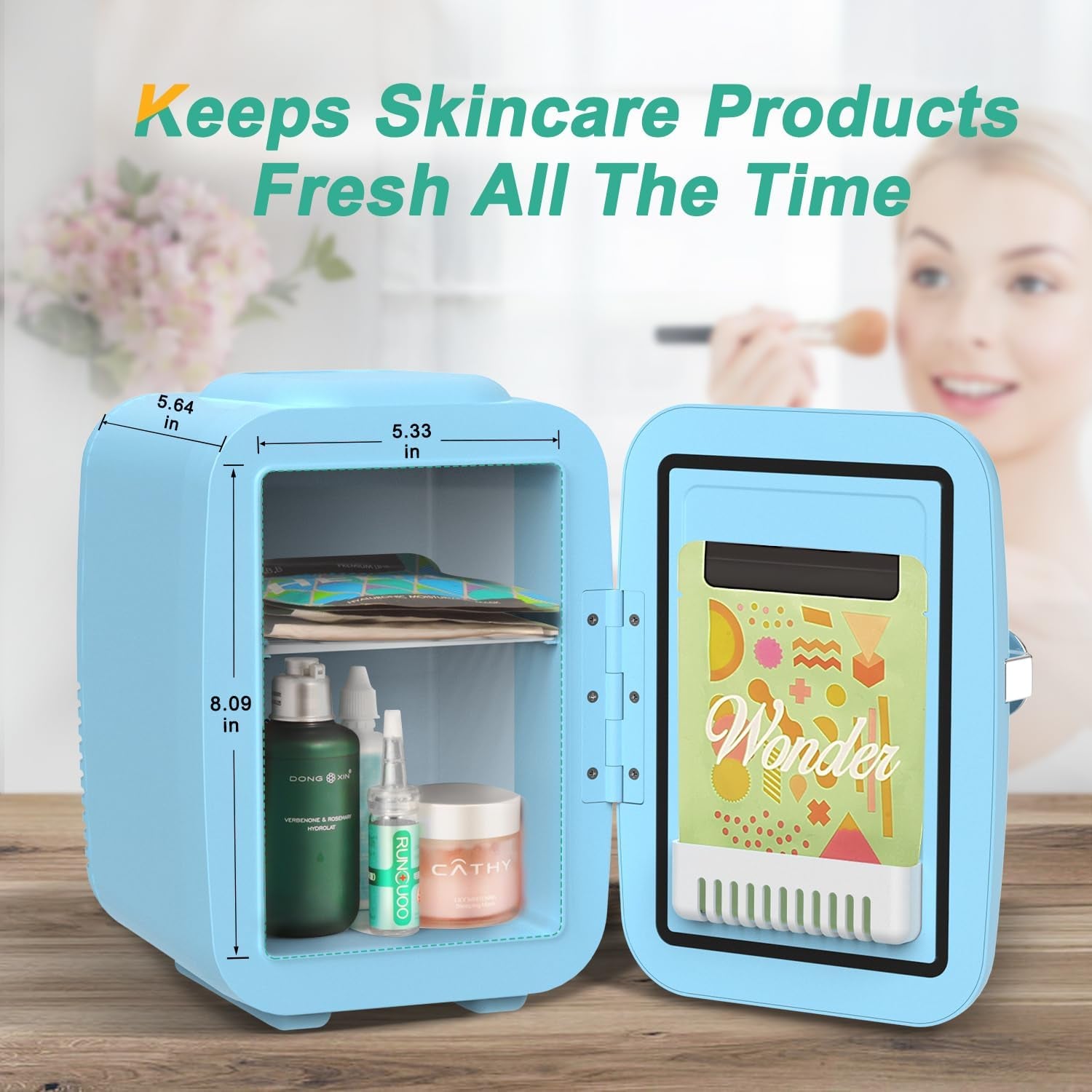 CROWNFUL Mini Fridge 4 Liter 6 Can Portable Cooler and Warmer Fridge for Skin Care & Cosmetics (Blue)