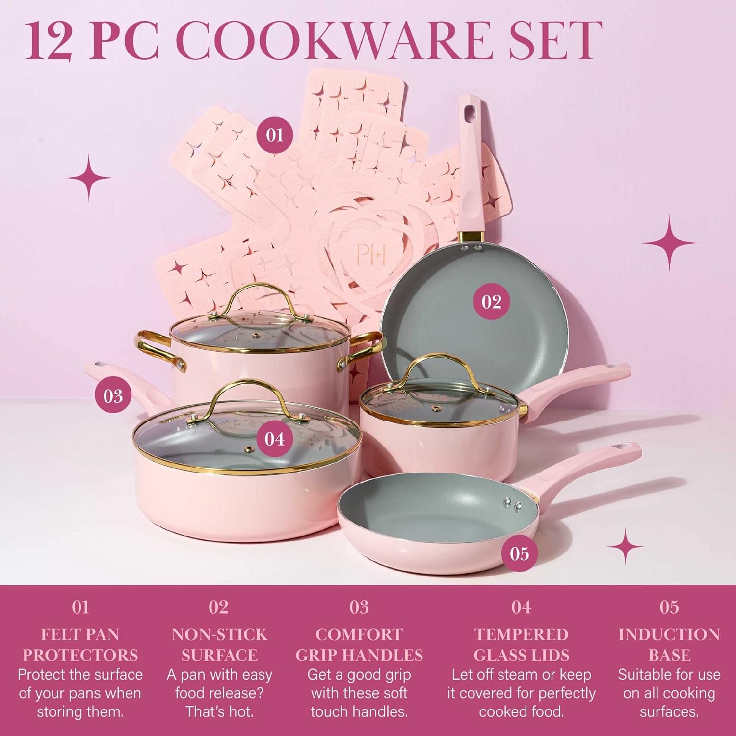 Paris Hilton Epic Nonstick Pots and Pans Set, Multi-Layer Nonstick Coating, Tempered Glass Lids, Soft Touch, Stay Cool Handles, Made without PFOA, Dishwasher Safe Cookware Set, 12-Piece, Pink