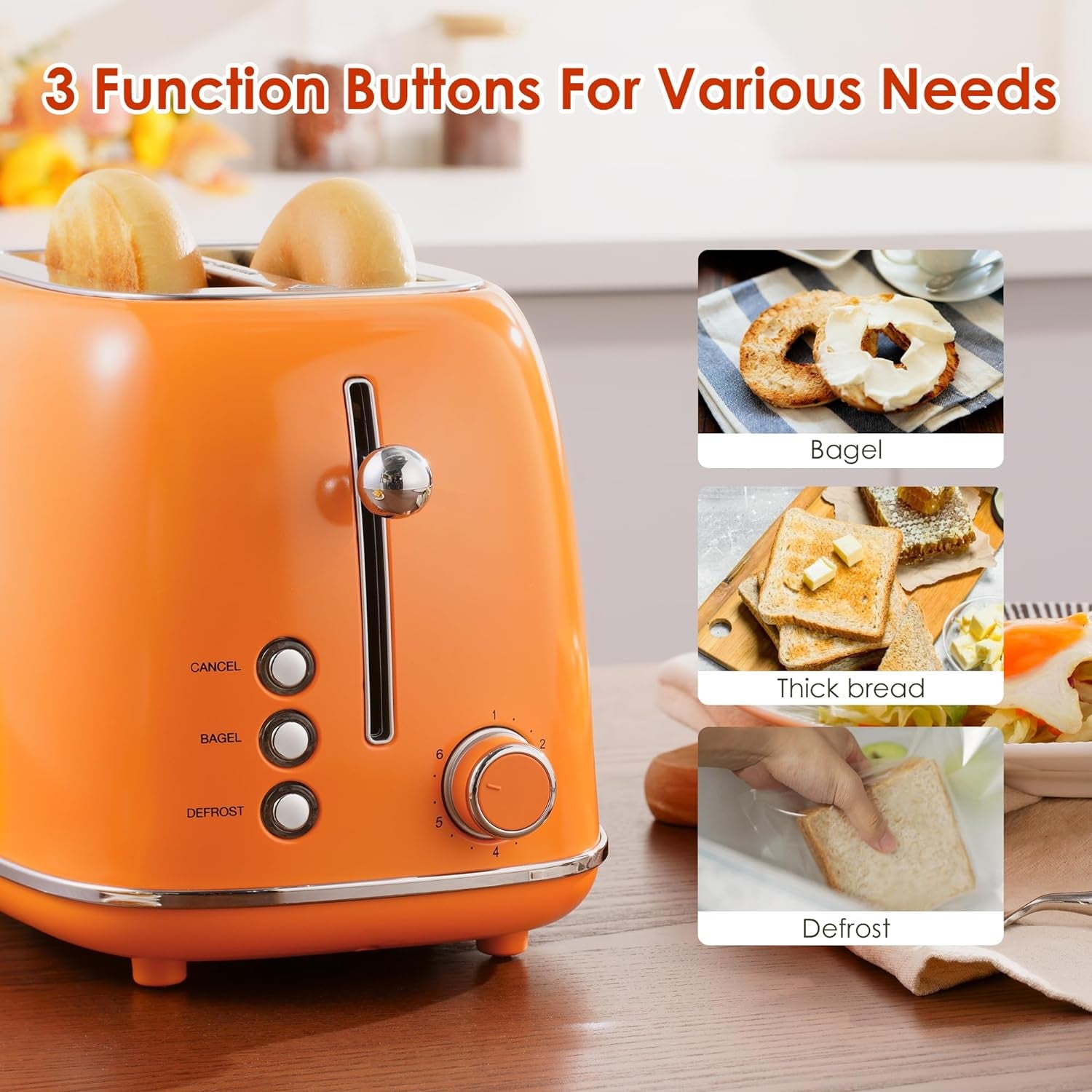 Roter Mond Retro Stainless Steel 2 Slice Toaster 6 Bread Shade Settings Orange