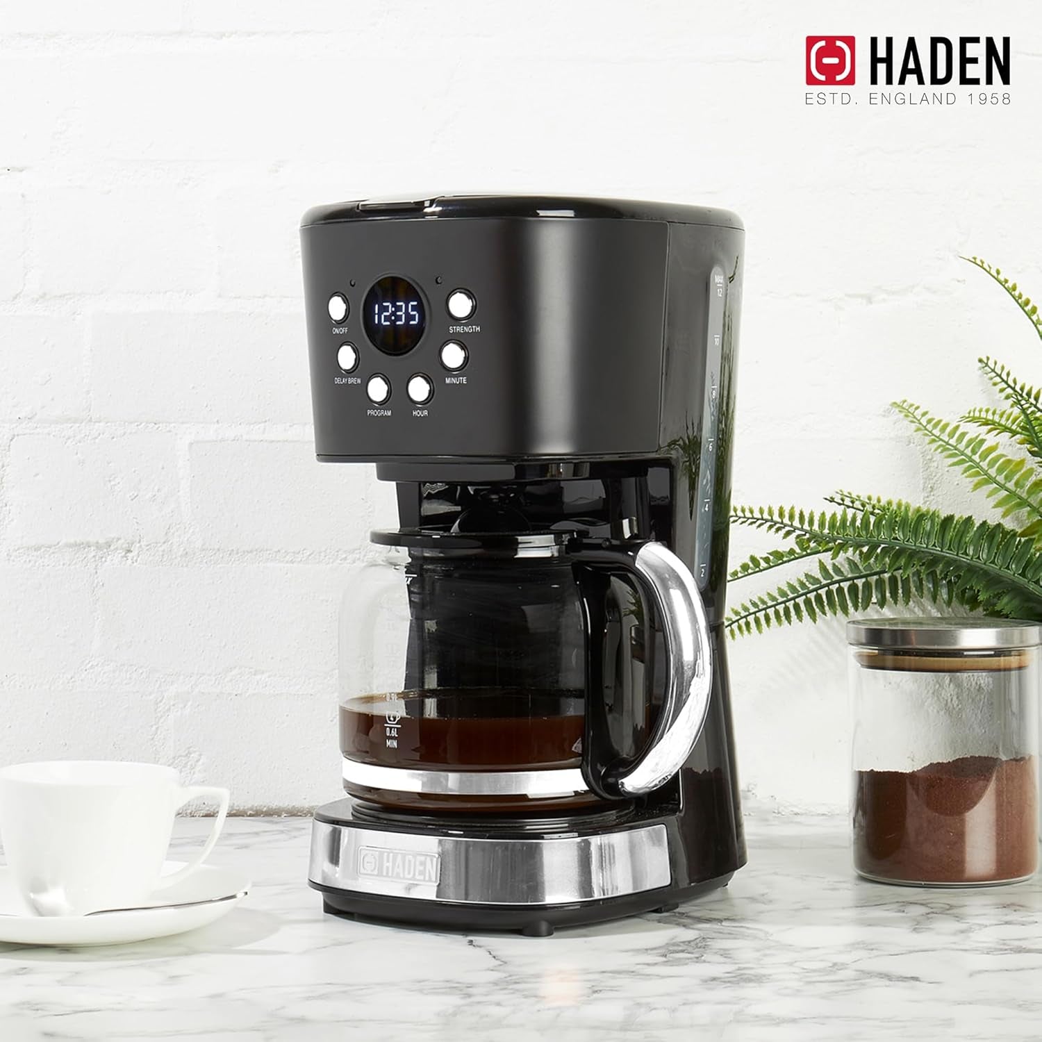 Haden Coffee Machine, 12 Cup Programmable Drip Coffee Maker with Auto Shut-Off Function and Reusable Washable Water Filter, Black & Chrome