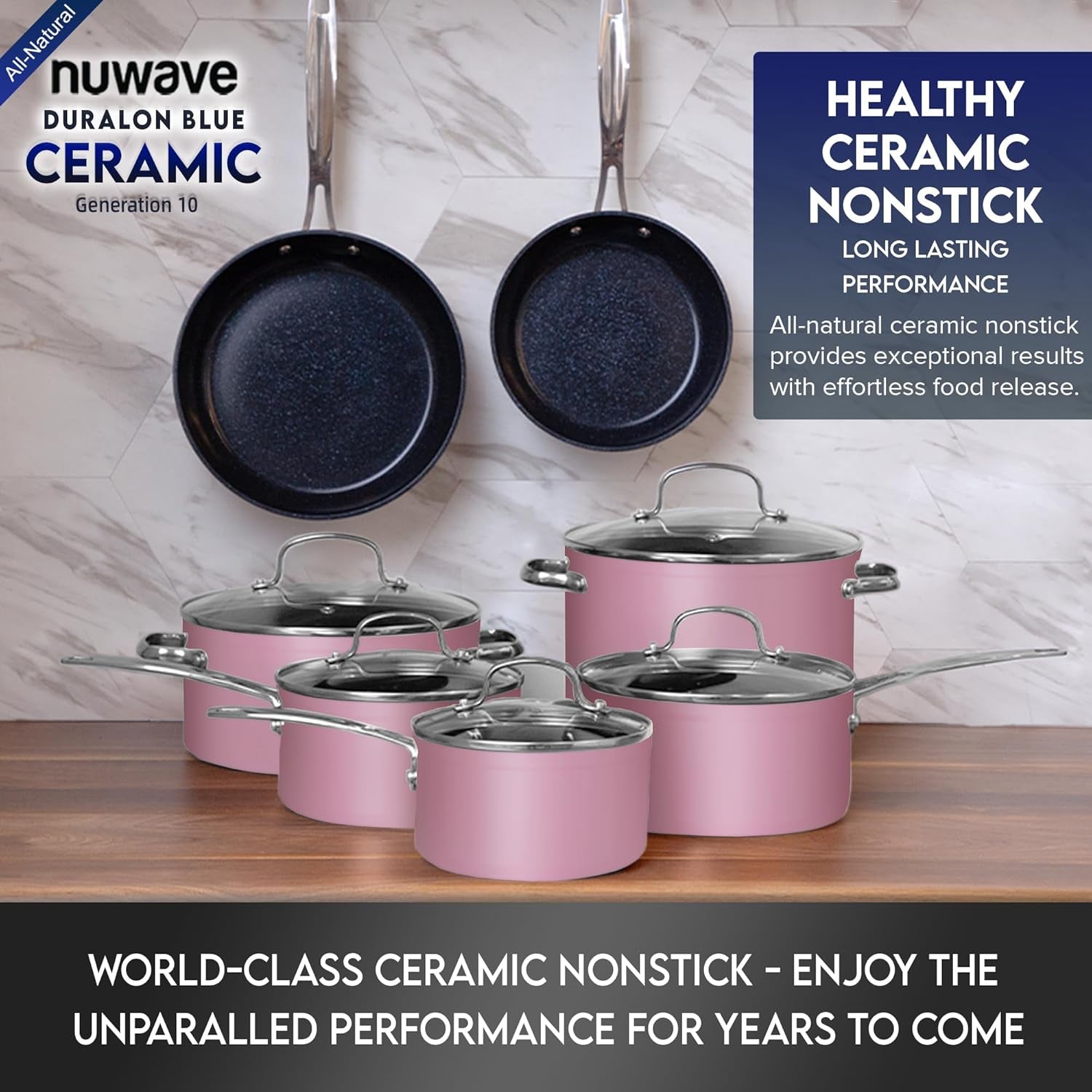 Nuwave Healthy Duralon Blue Ceramic Nonstick Cookware Set, Diamond Infused Scratch-Resistant, PFAS Free, Dishwasher & Oven Safe, Induction Ready & Evenly Heats, Tempered Glass Lids & Stay-Cool Handles