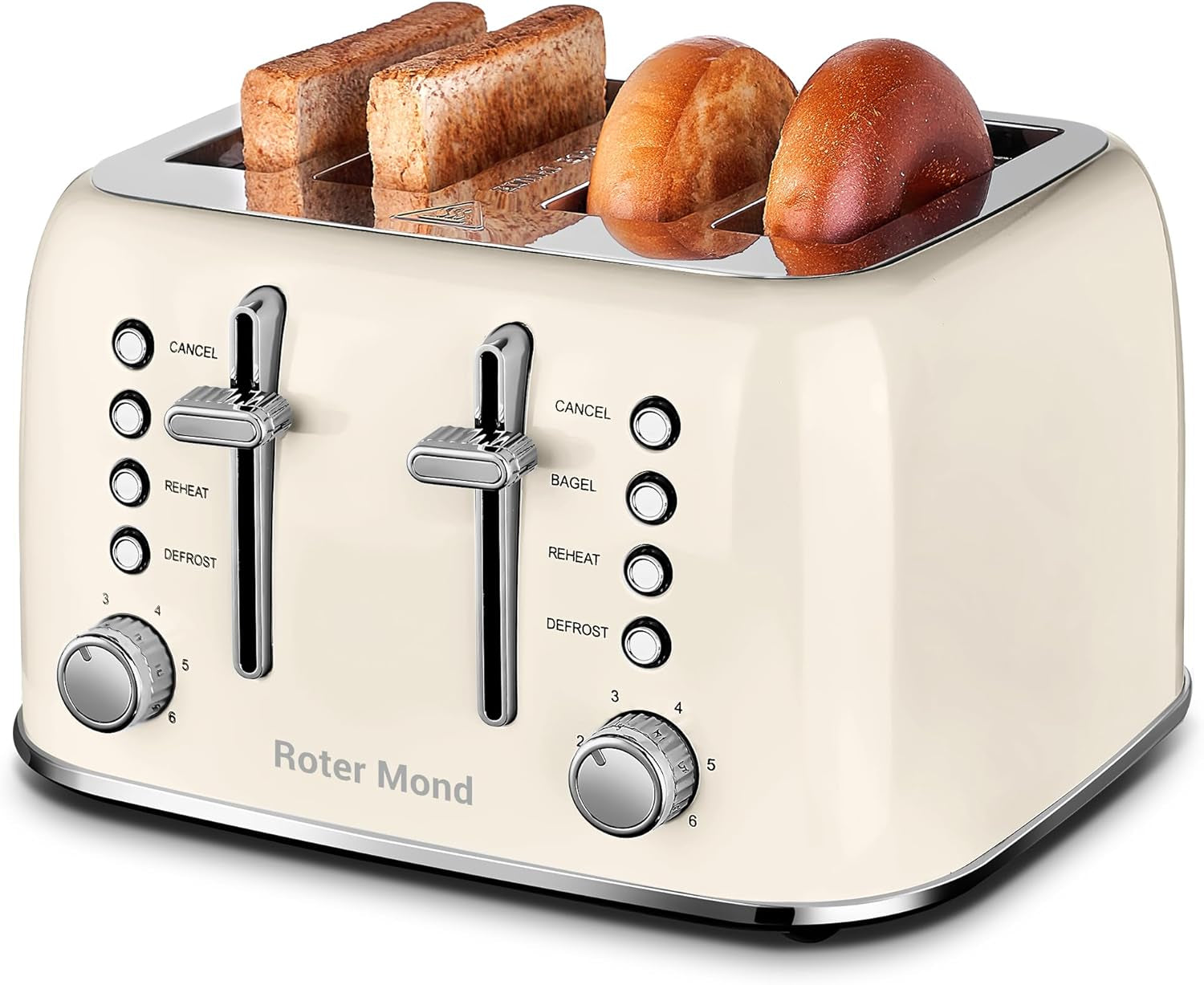 Roter Mond Retro Stainless Steel Toaster 4 Slice Extra Wide 6 Browning Levels Cream White