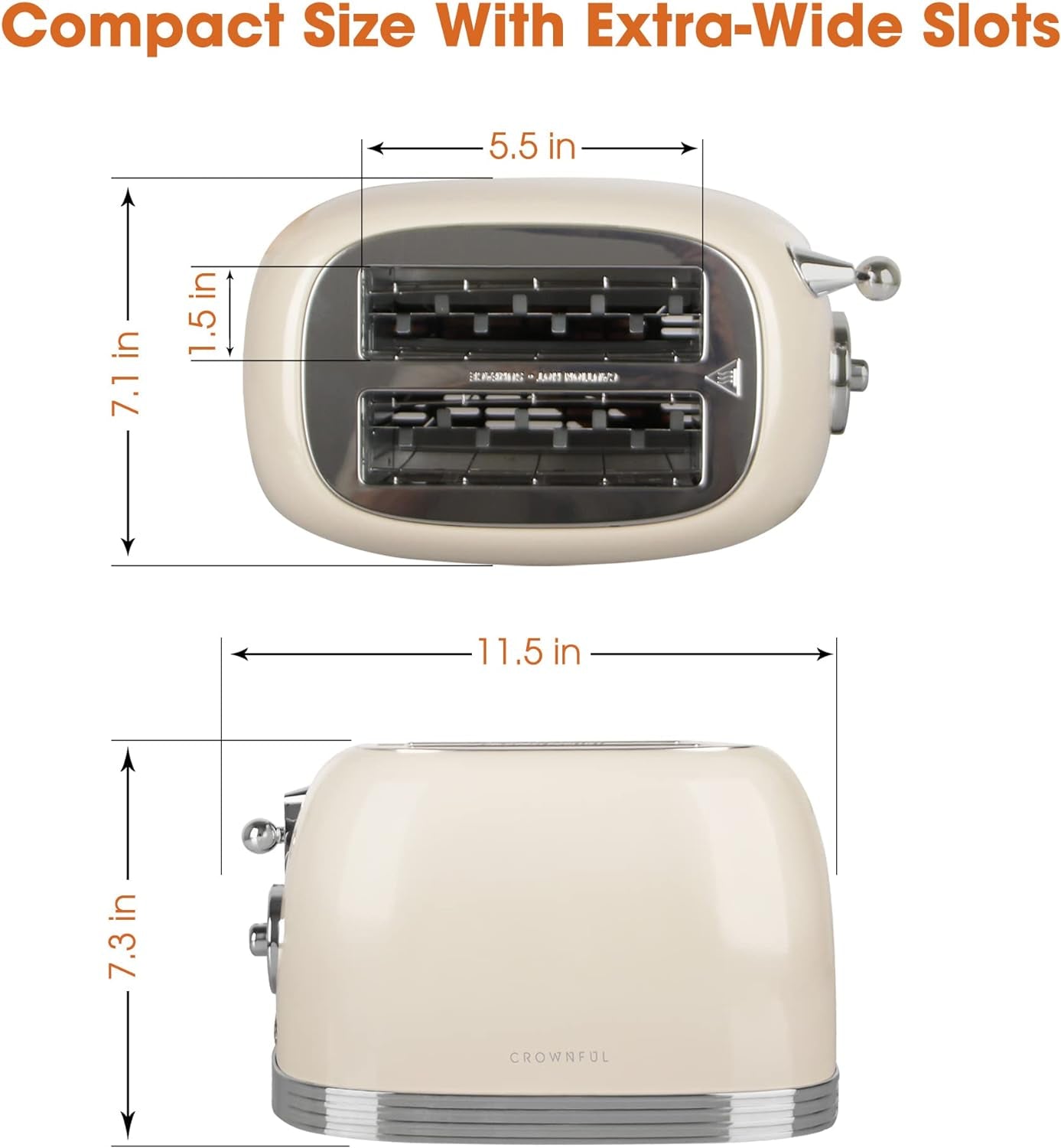 CROWNFUL 2-Slice Toaster, Extra Wide Slots Toaster, Retro Stainless Steel with Bagel, Cancel, Defrost, Reheat Function and 6-Shade Settings, Removal Crumb Tray, Cream