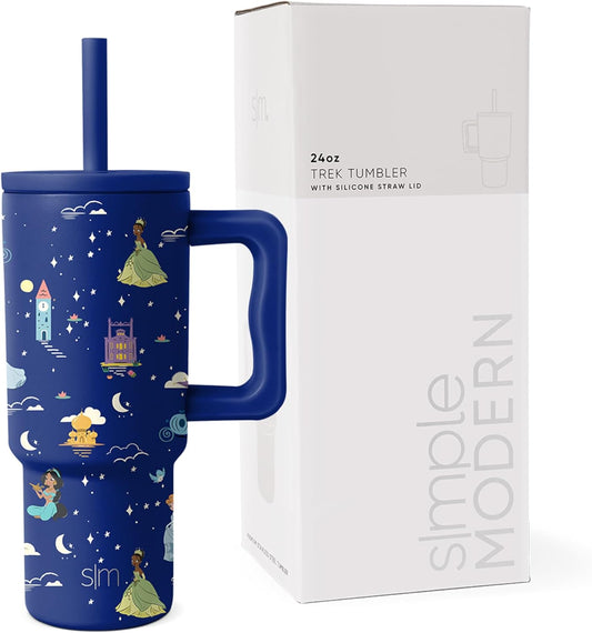 Simple Modern Disney Kids 24 Oz Tumbler with Handle and Silicone Straw Lid | Spill Proof and Leak Resistant | Stainless Steel Bottle | Gift for Kids Boys Girls | Trek Collection | Princess Dreams