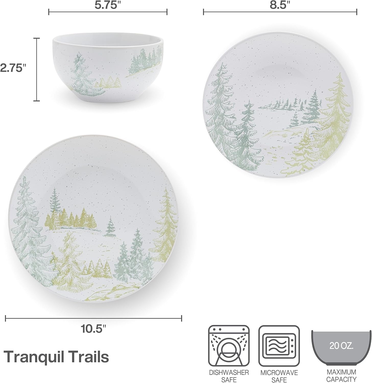 Pfaltzgraff Tranquil Trails Forest 12 Piece Dinnerware Plate Bowl Set, Service for 4